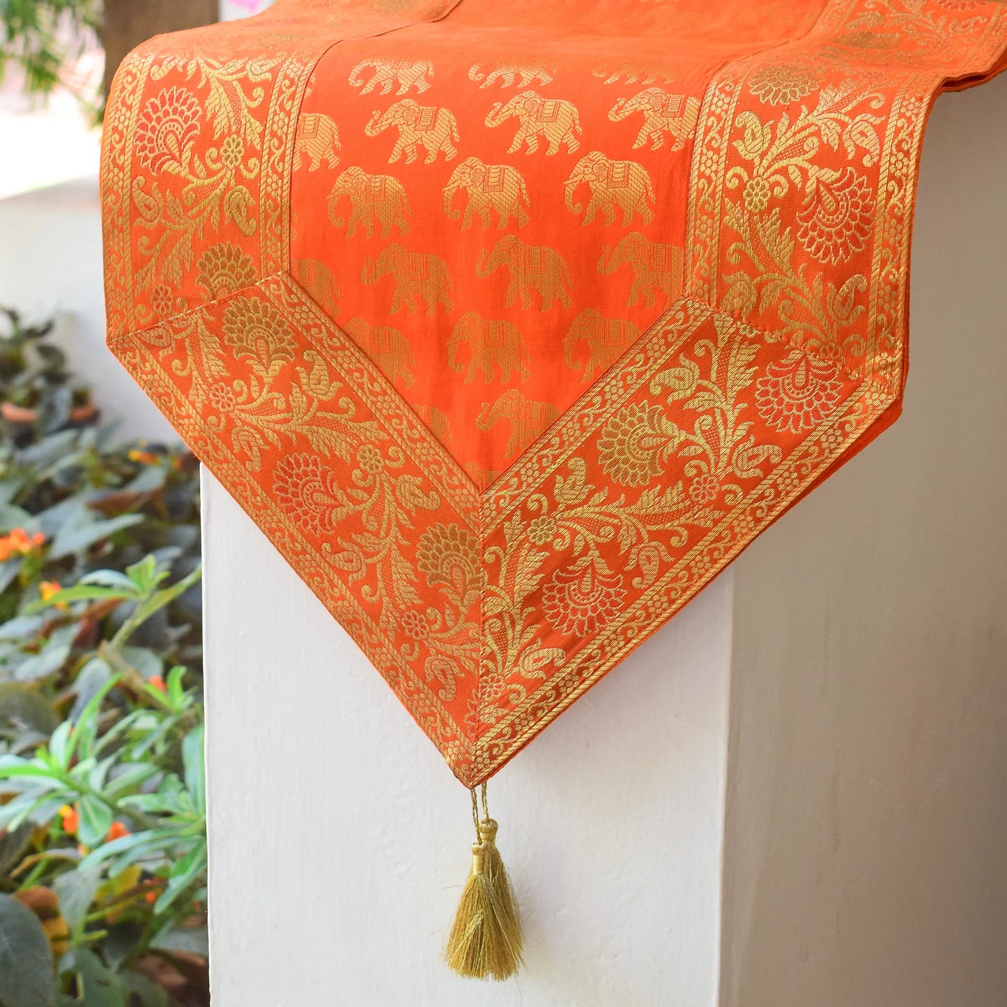 Elegant Banarasi Orange Runner with Elephant Motif and Golden Zari Border