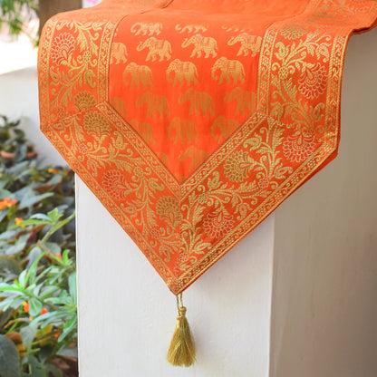 Elegant Banarasi Orange Runner with Elephant Motif and Golden Zari Border