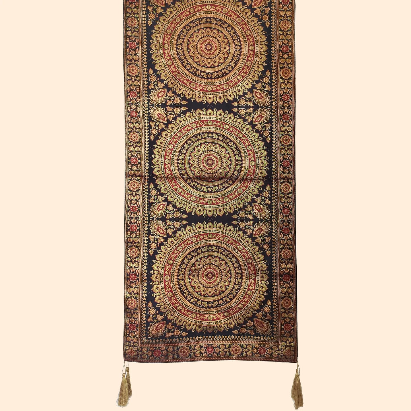 Royal Black Banarasi Runner with Mandala-Inspired Motifs and Zari Thread Work