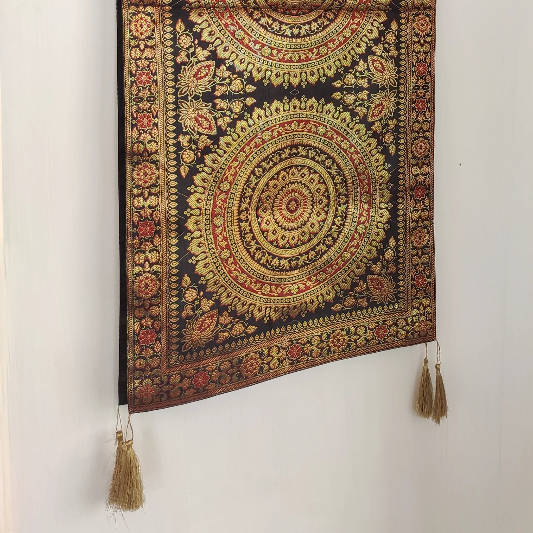 Royal Black Banarasi Runner with Mandala-Inspired Motifs and Zari Thread Work