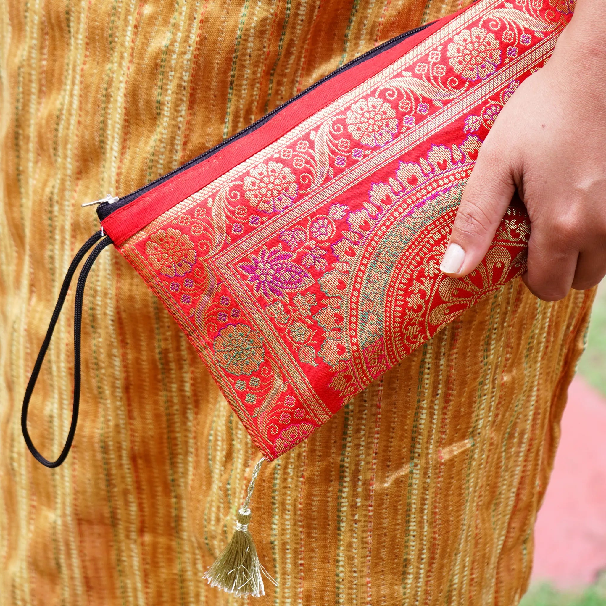 Red,Gold Banarasi Clutch Pouch