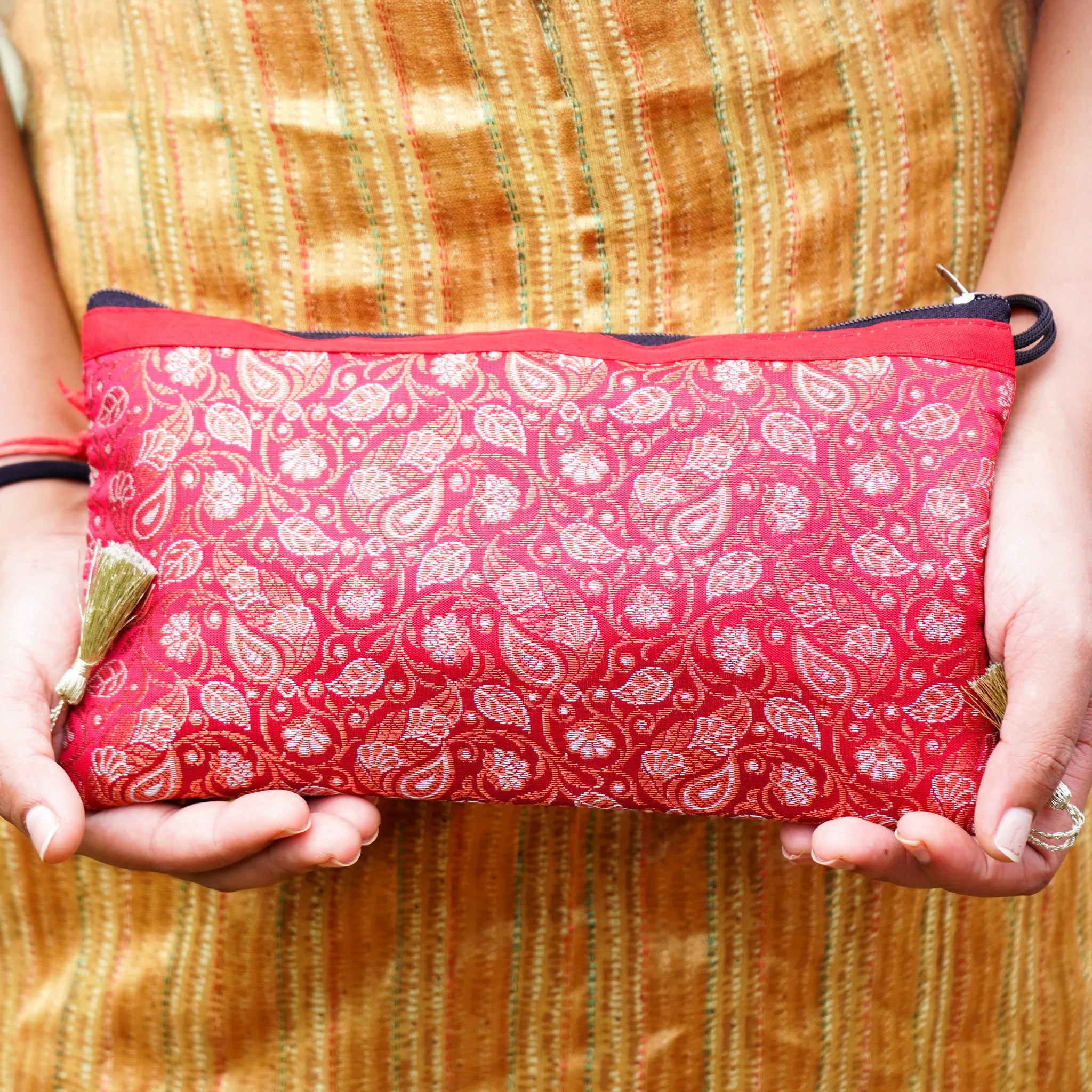 Red,Gold Banarasi Pouch