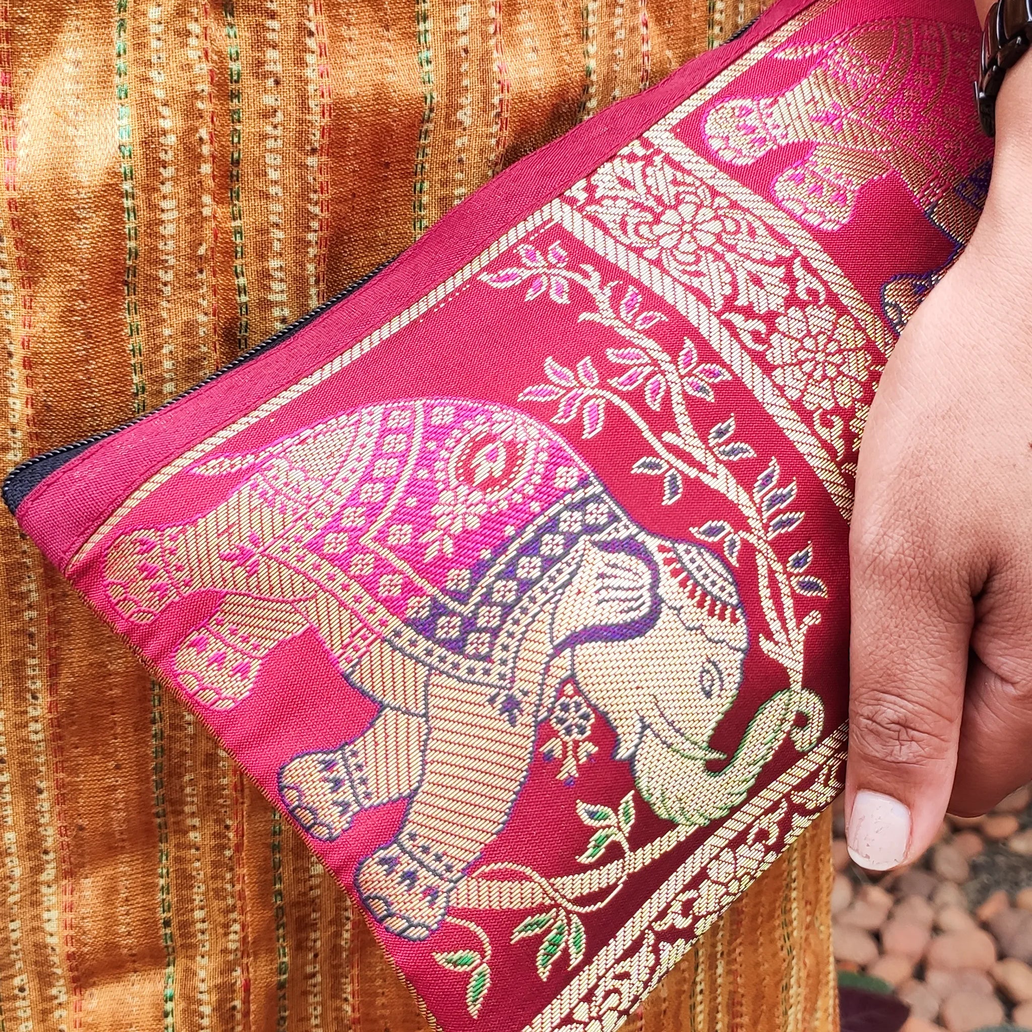 Elephant Printed Banarasi Pouch