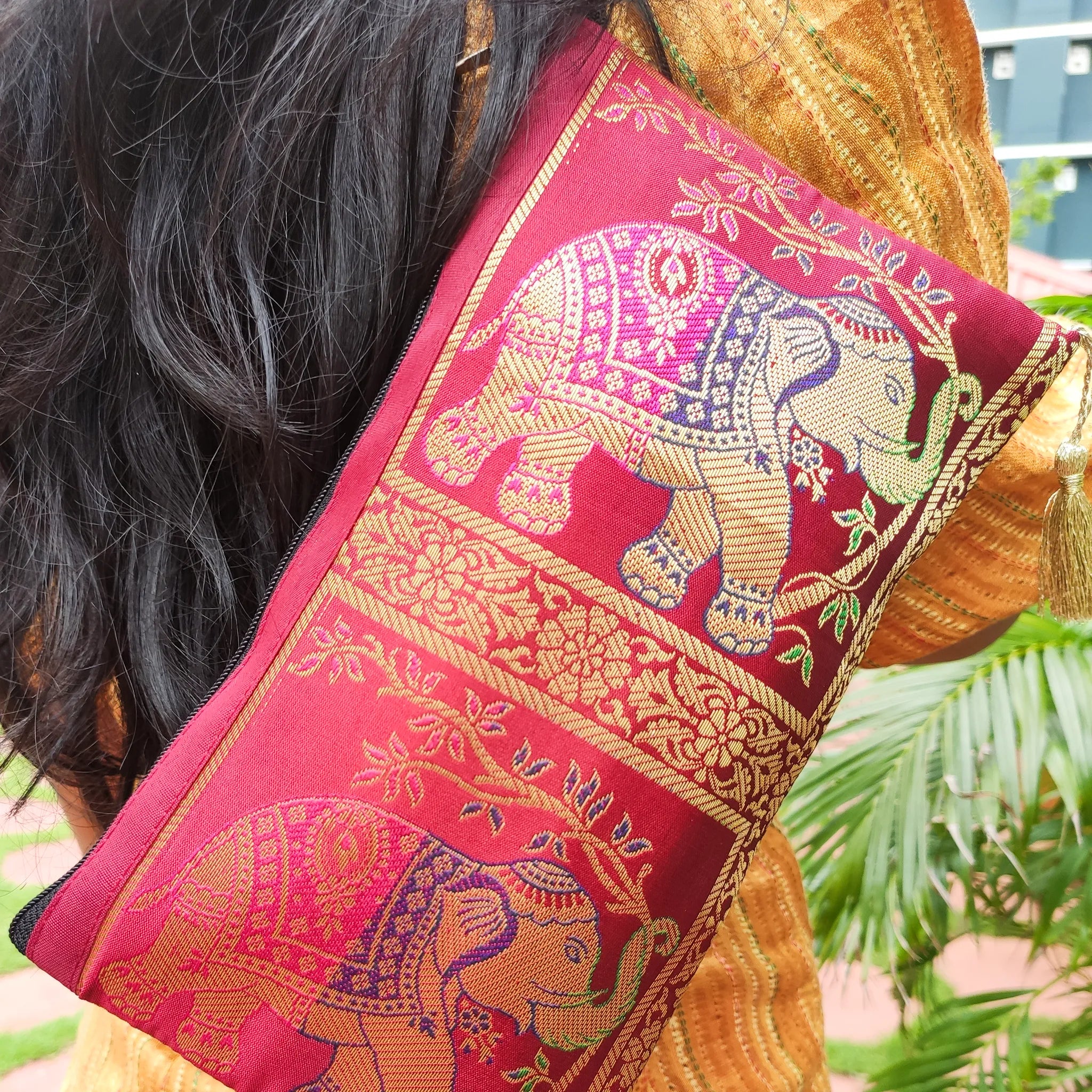 Elephant Printed Banarasi Pouch