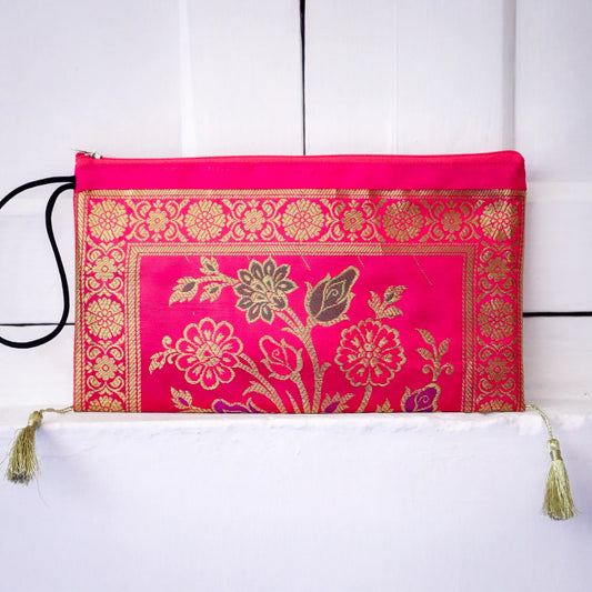 Pink Banarasi Pouch with Golden Zari Work