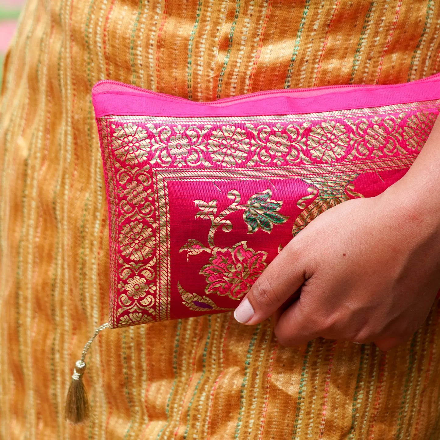 Pink Banarasi Pouch with Golden Zari Work