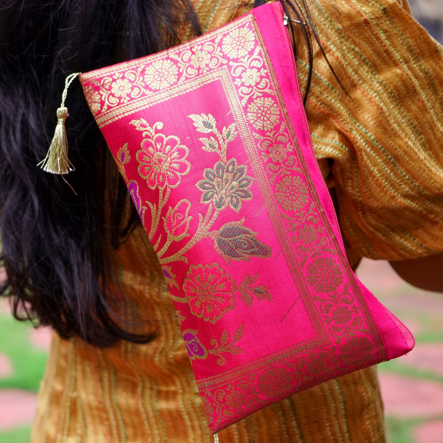 Pink Banarasi Pouch with Golden Zari Work