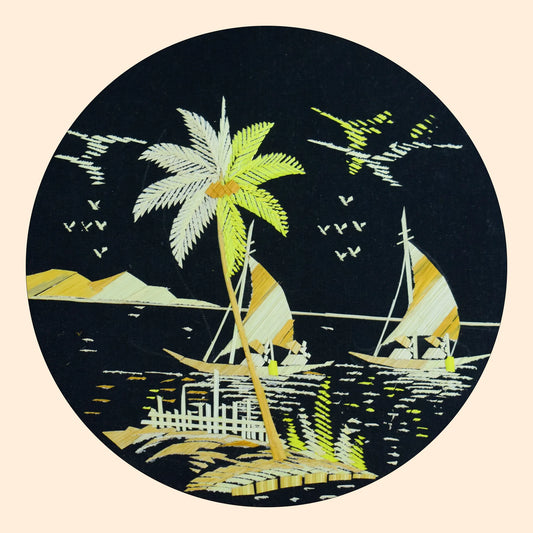 Eco-Friendly Traditional Kerala Straw Art Round Frame-Yacht