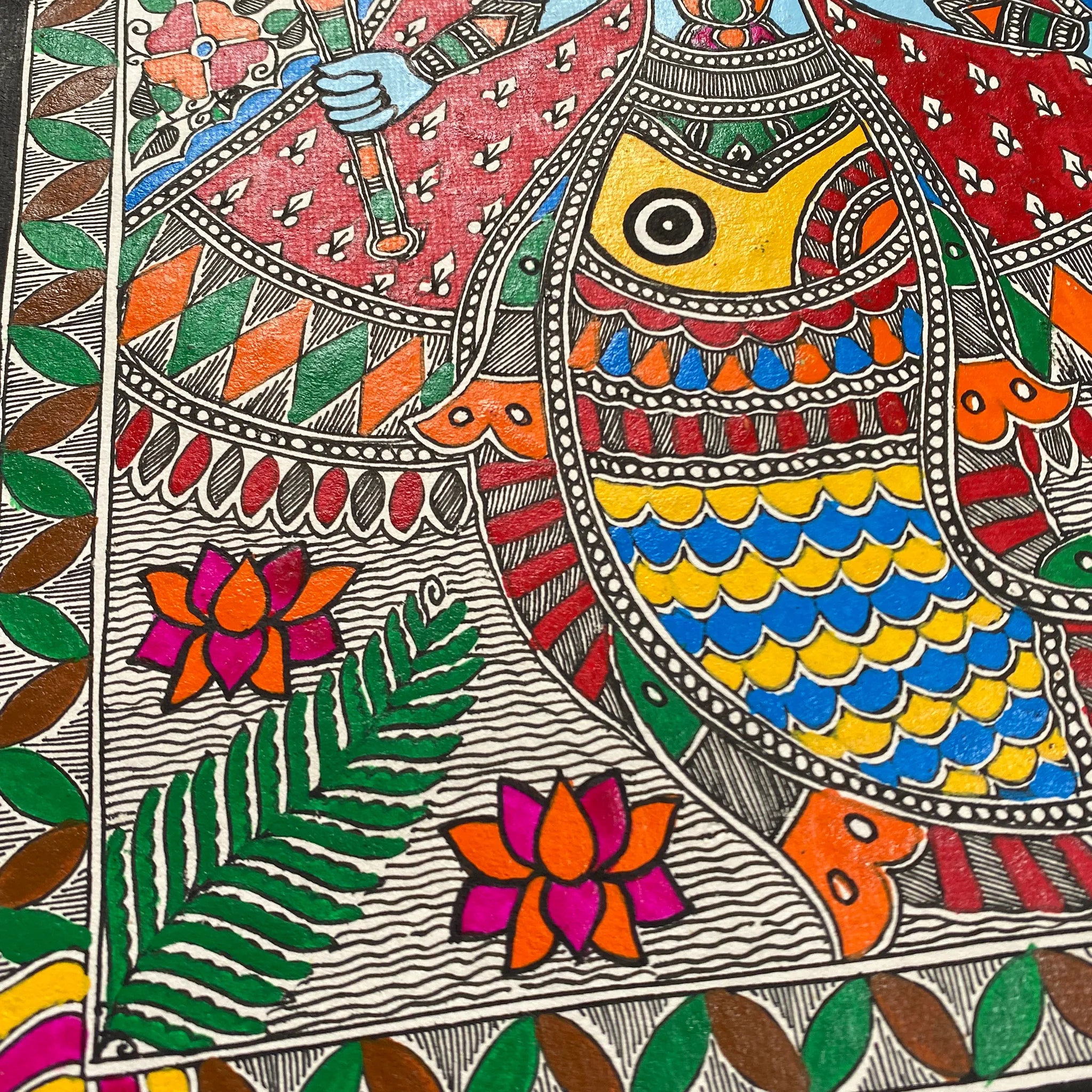 Handcrafted Madhubani Matsya Avatar Art: Traditional Mithila Paintings of Prosperity-Made to Order