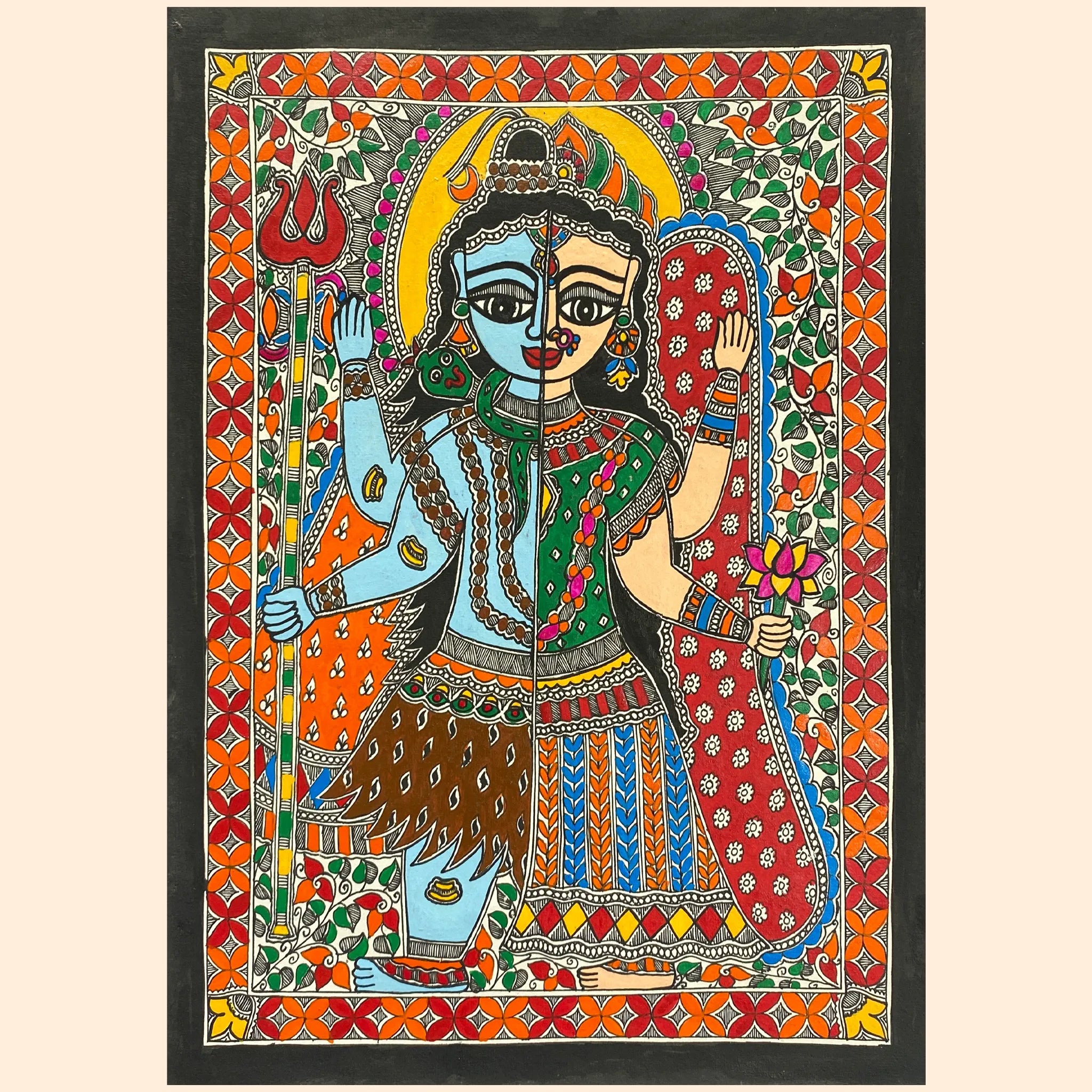 Handcrafted Madhubani Ardhanareeshwara-Traditional Mithila Paintings of Prosperity