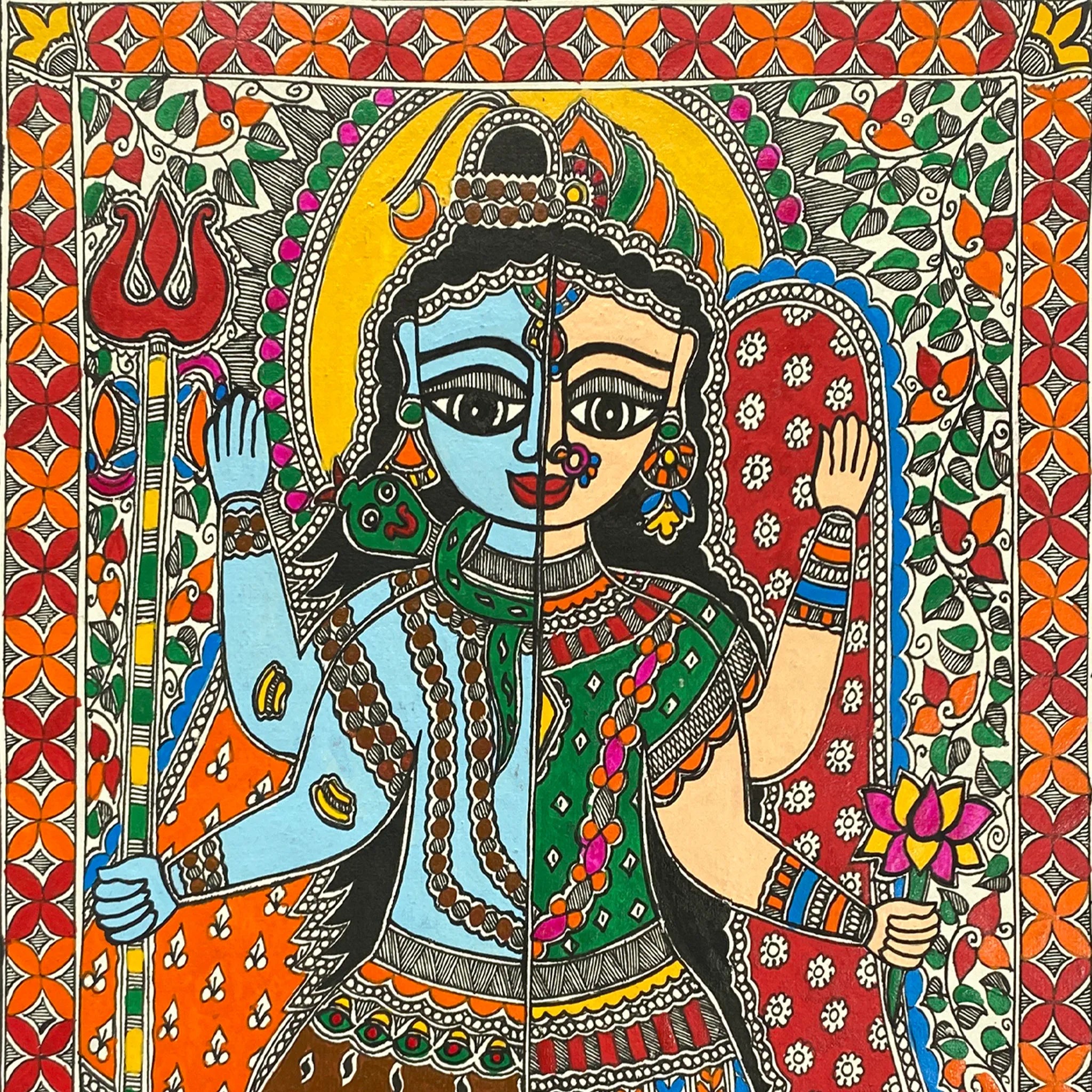 Handcrafted Madhubani Ardhanareeshwara-Traditional Mithila Paintings of Prosperity