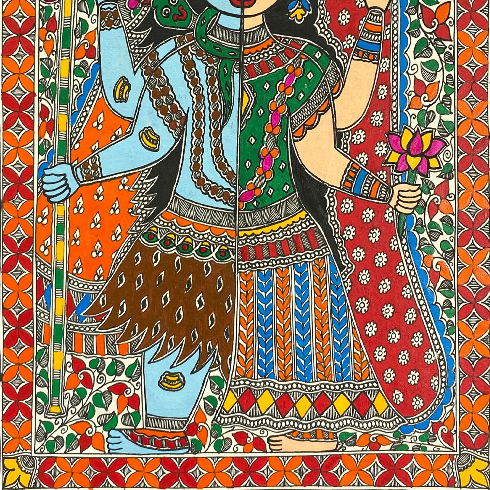 Handcrafted Madhubani Ardhanareeshwara-Traditional Mithila Paintings of Prosperity