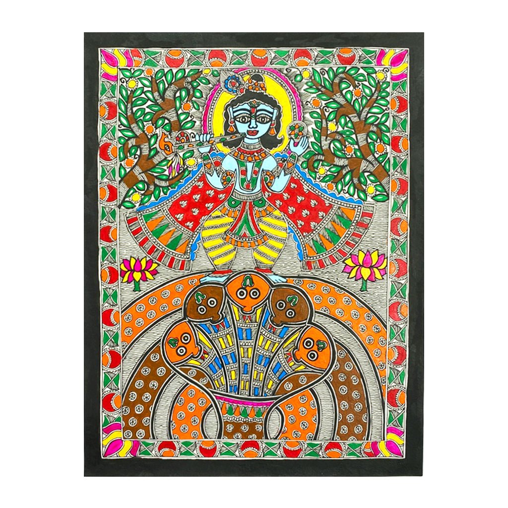 Handcrafted Madhubani Krishna Kaliya Mardhan: Traditional Mithila Paintings of Prosperity - Made to Order - Culturati