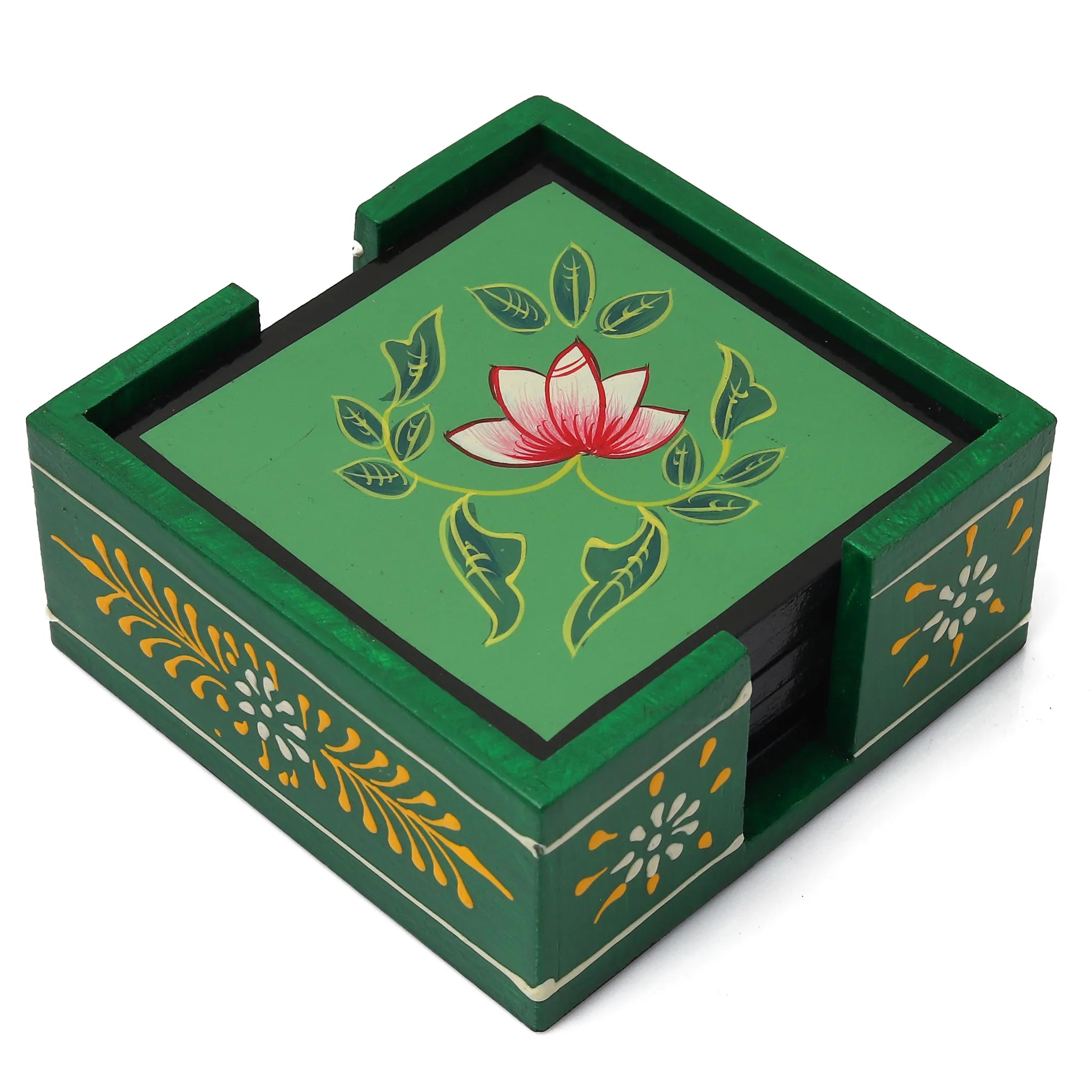 Hand Painted Flower Square Shaped Wooden Tea Coaster Green Color- Set of 6