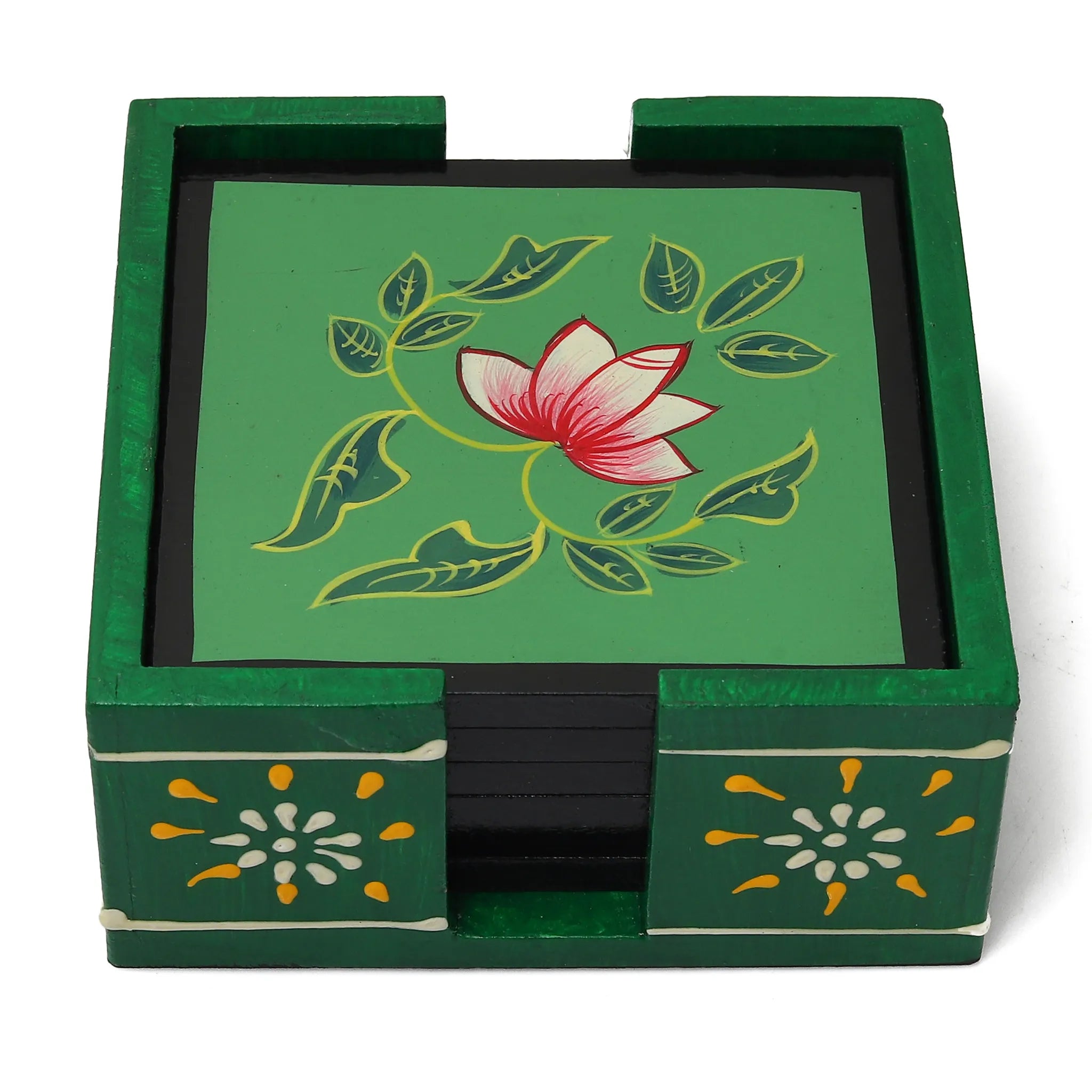 Hand Painted Flower Square Shaped Wooden Tea Coaster Green Color- Set of 6