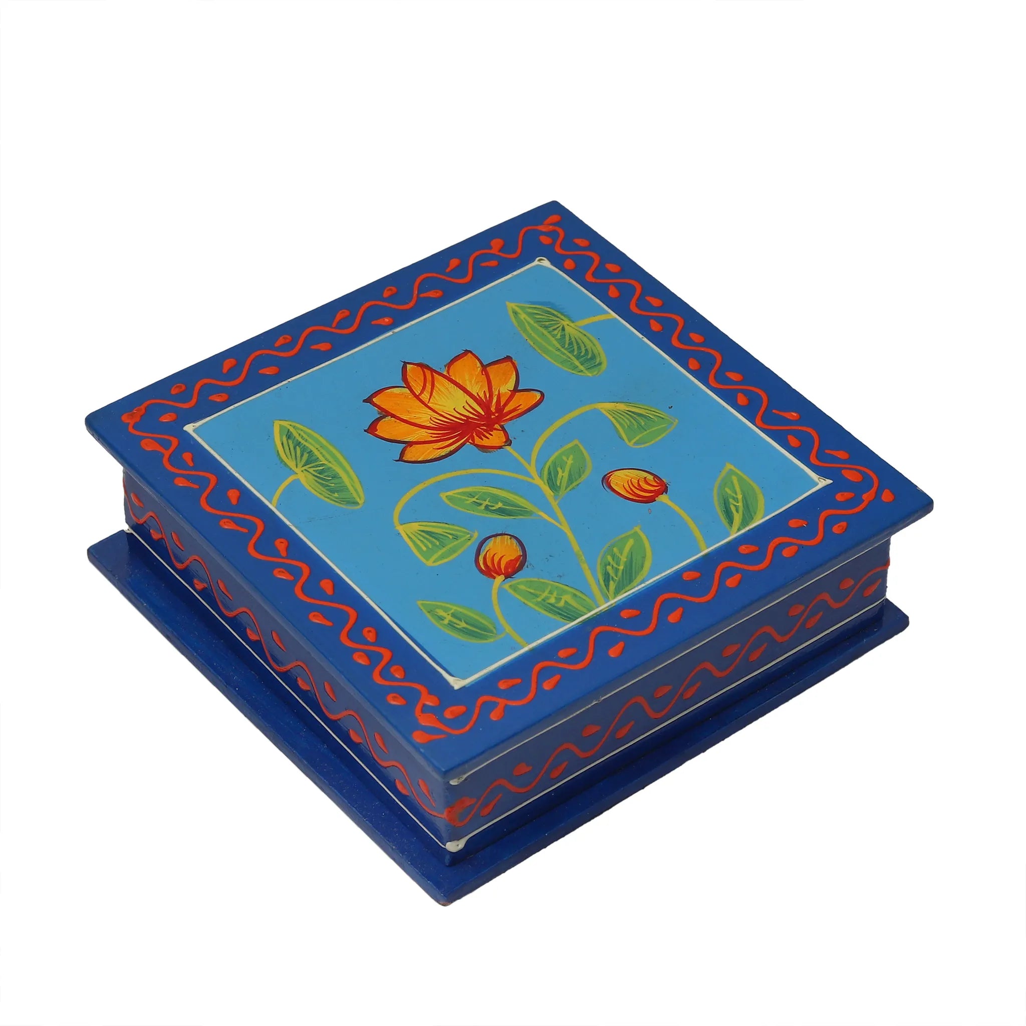 Hand Painted Flower Square Shaped Wooden Tea Coaster - Set of 6