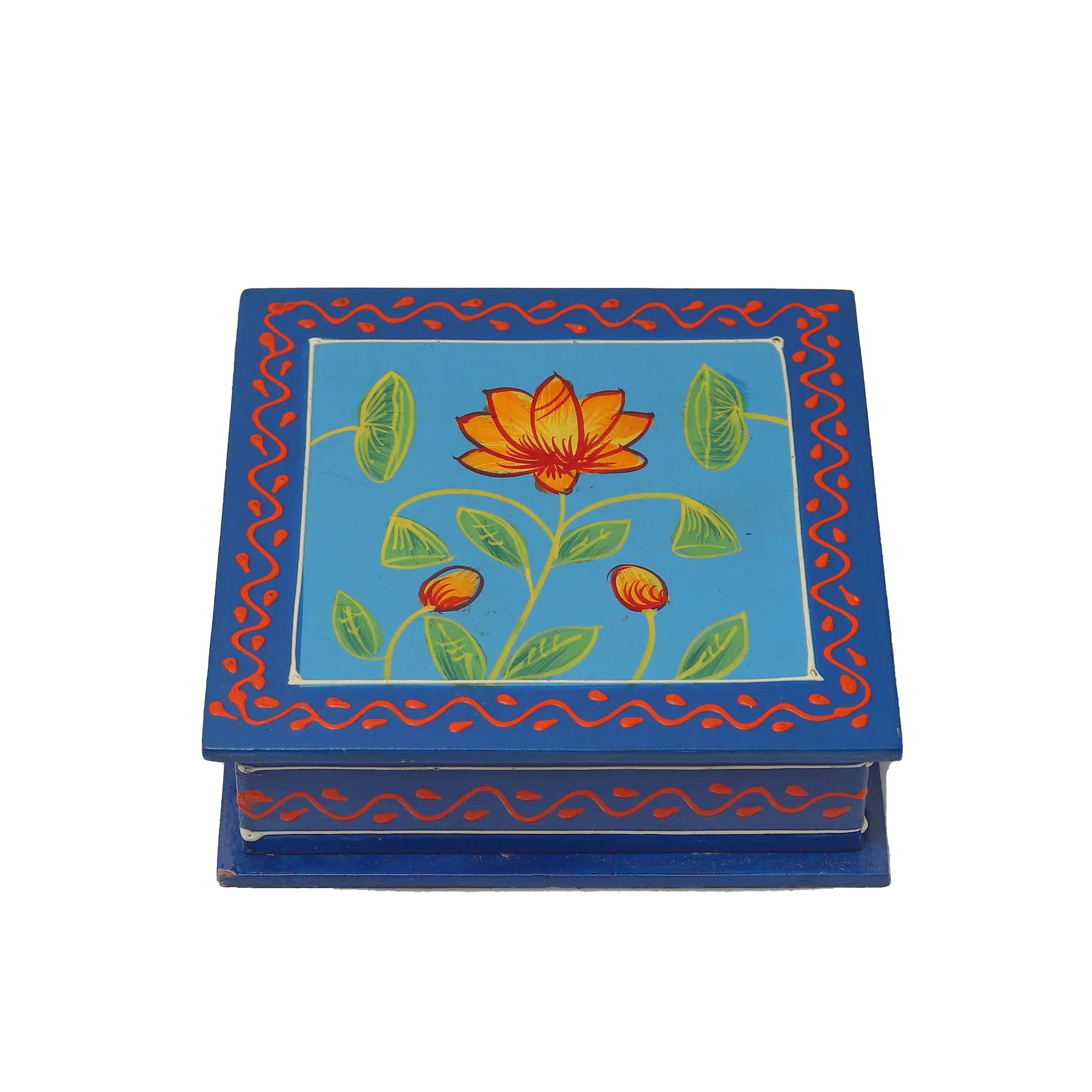 Hand Painted Flower Square Shaped Wooden Tea Coaster - Set of 6