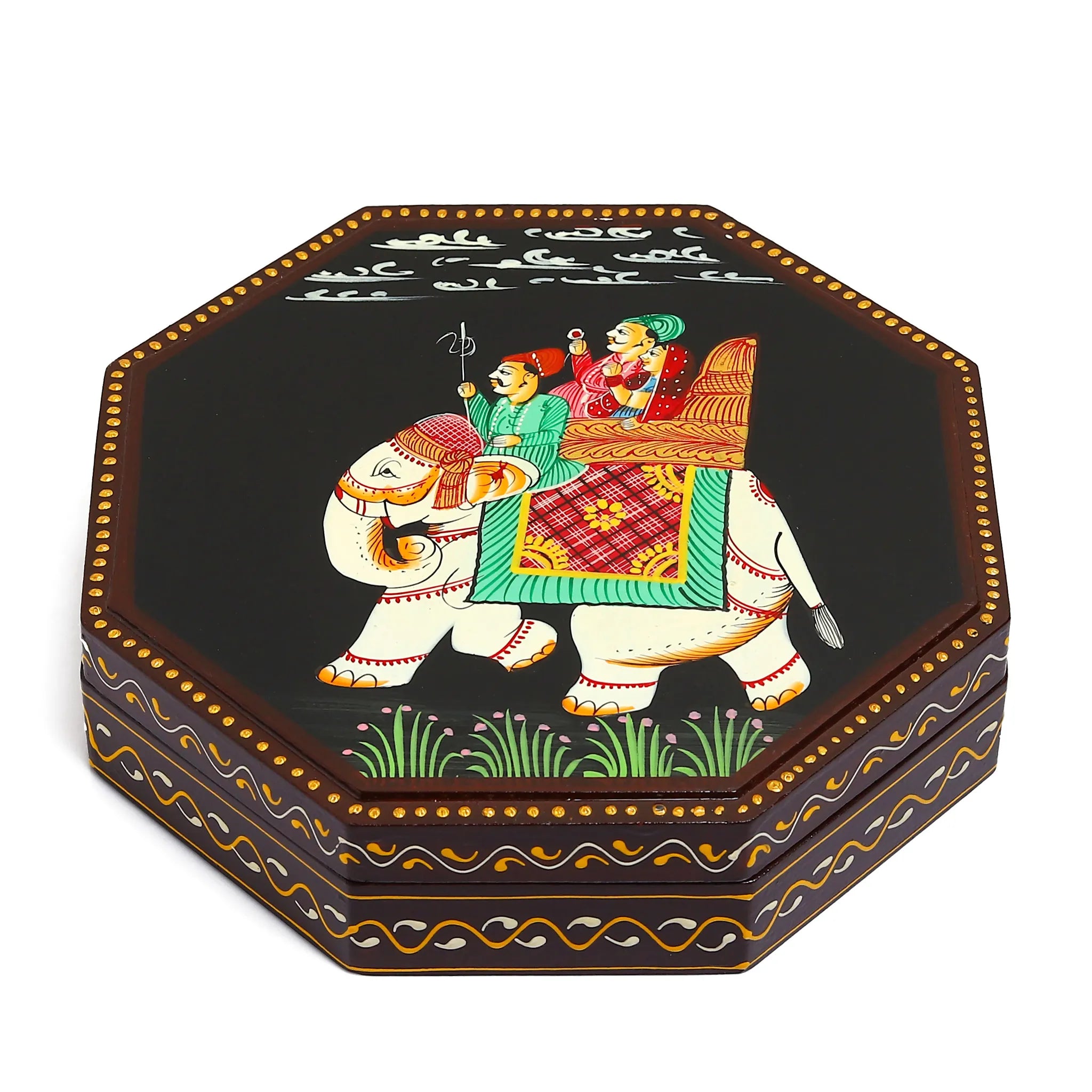 Hand Painted Elephant Wood Dry Fruit Box Octagonal Shaped with 4 Compartments