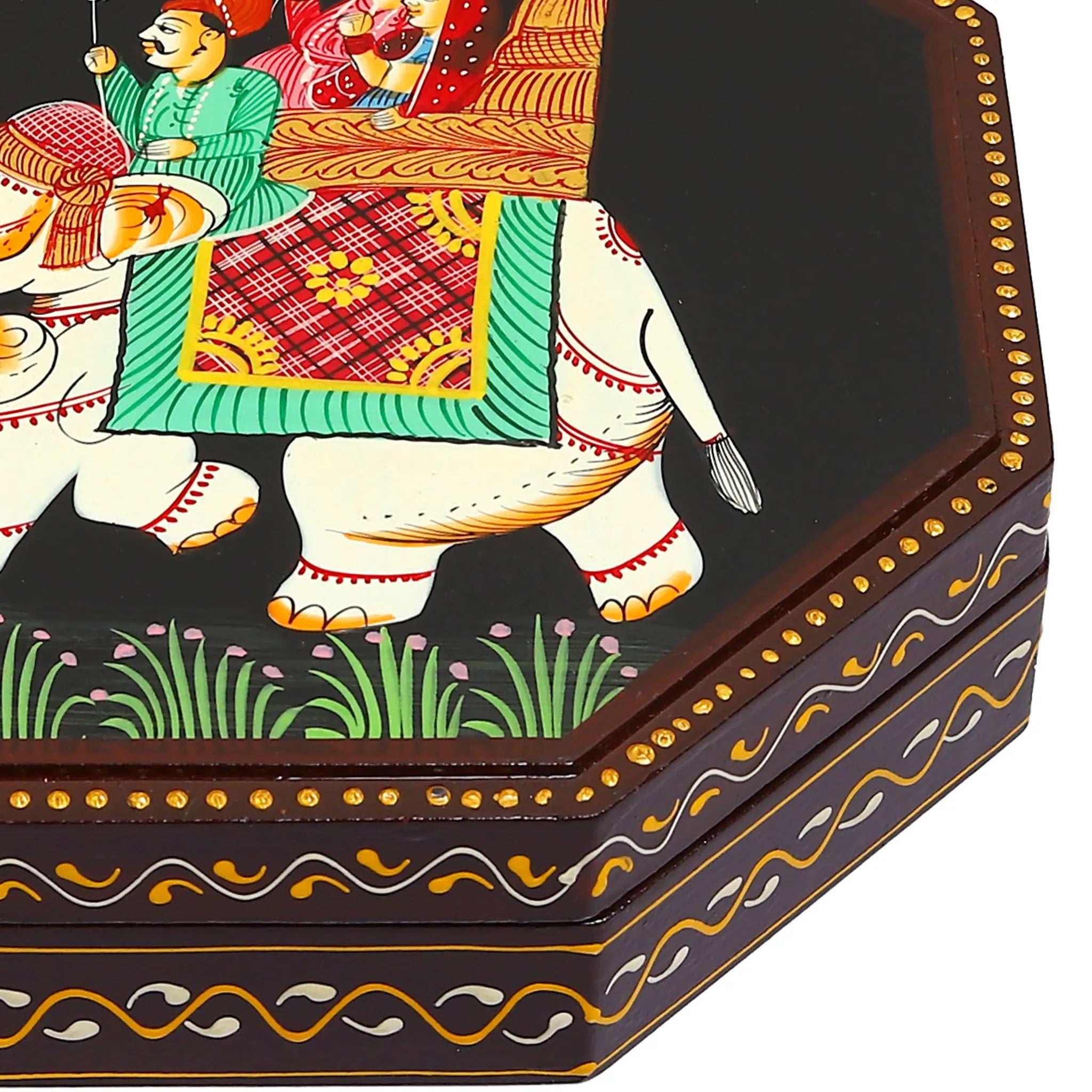 Hand Painted Elephant Wood Dry Fruit Box Octagonal Shaped with 4 Compartments