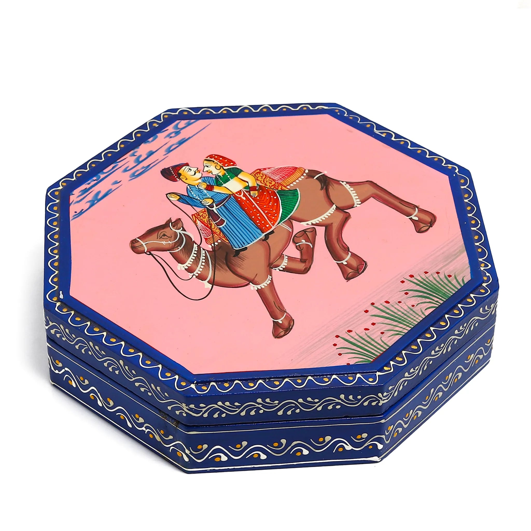 Hand Painted Camel Wood Dry Fruit Box Octagonal Shaped with 4 Compartments