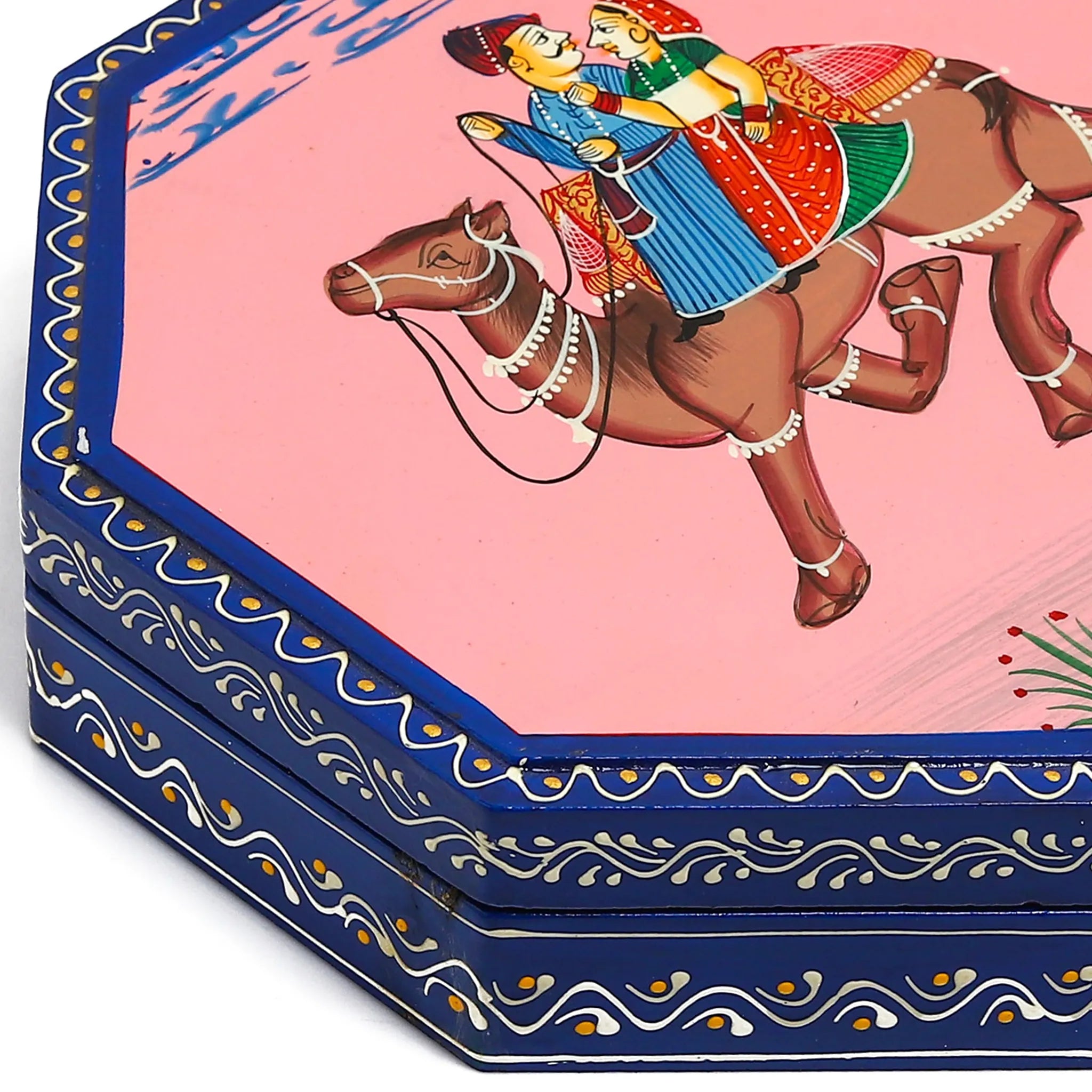 Hand Painted Camel Wood Dry Fruit Box Octagonal Shaped with 4 Compartments