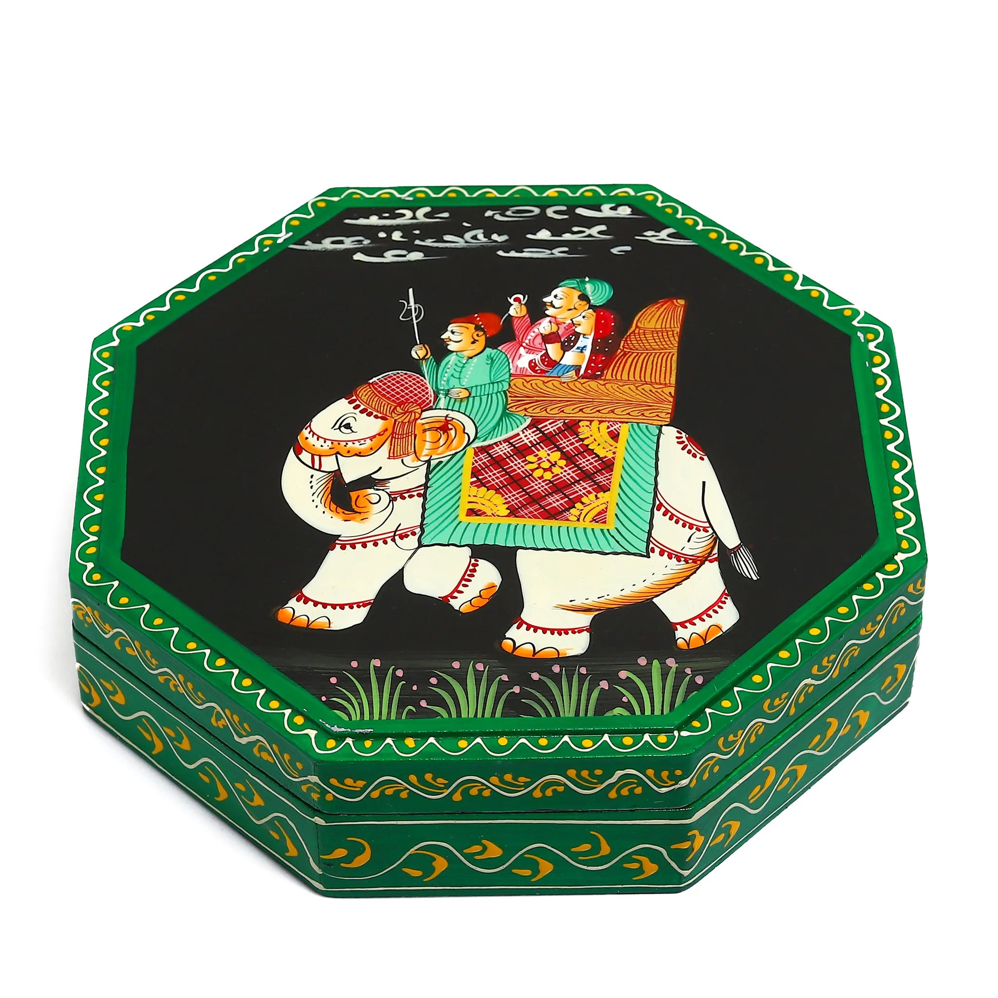 Hand Painted Elephant Wood Dry Fruit Box Octagonal Shaped with 4 Compartments