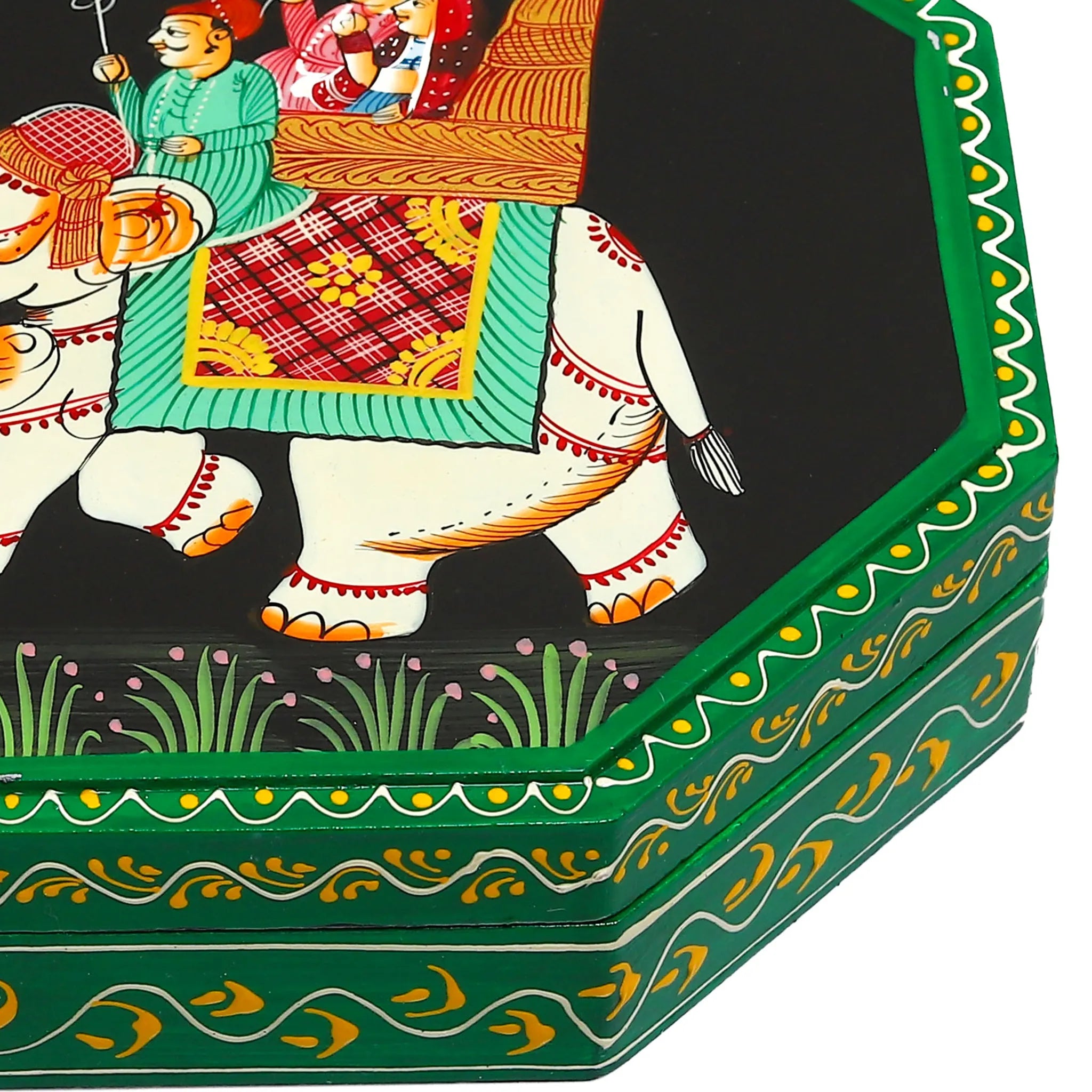 Hand Painted Elephant Wood Dry Fruit Box Octagonal Shaped with 4 Compartments