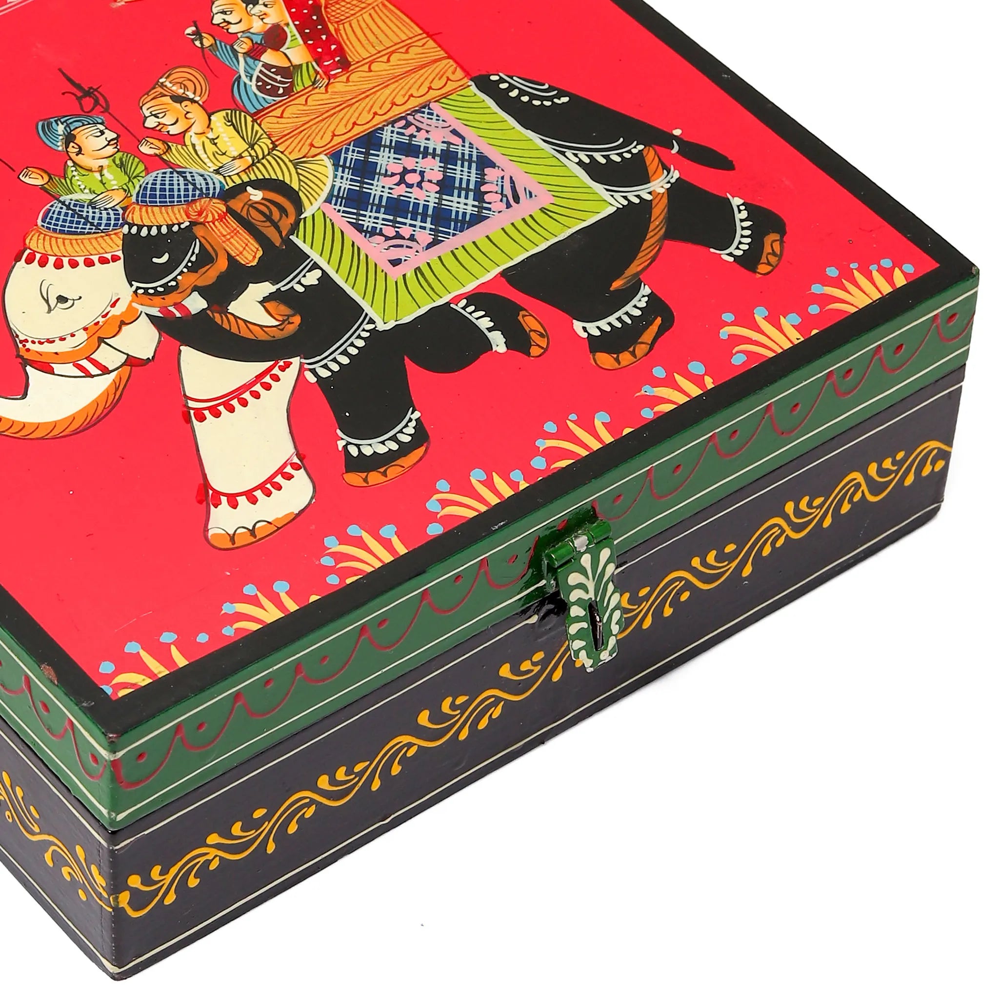 Elephant Pallakh Hand-Painted Wooden Spice Masala Box with Multiple Compartments