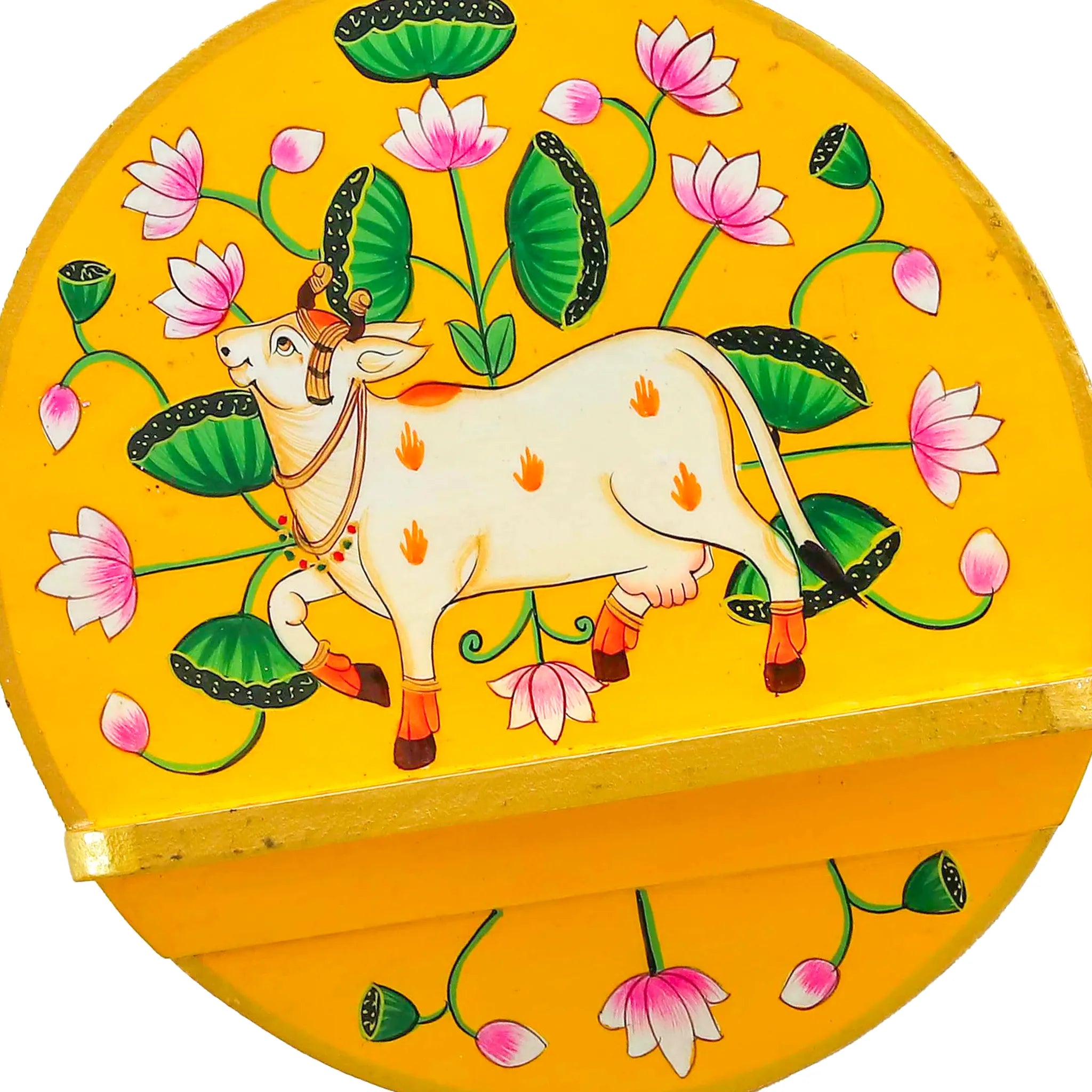 Vibrant Yellow Colored Cow And Lotus Pichwai Plate Shelf