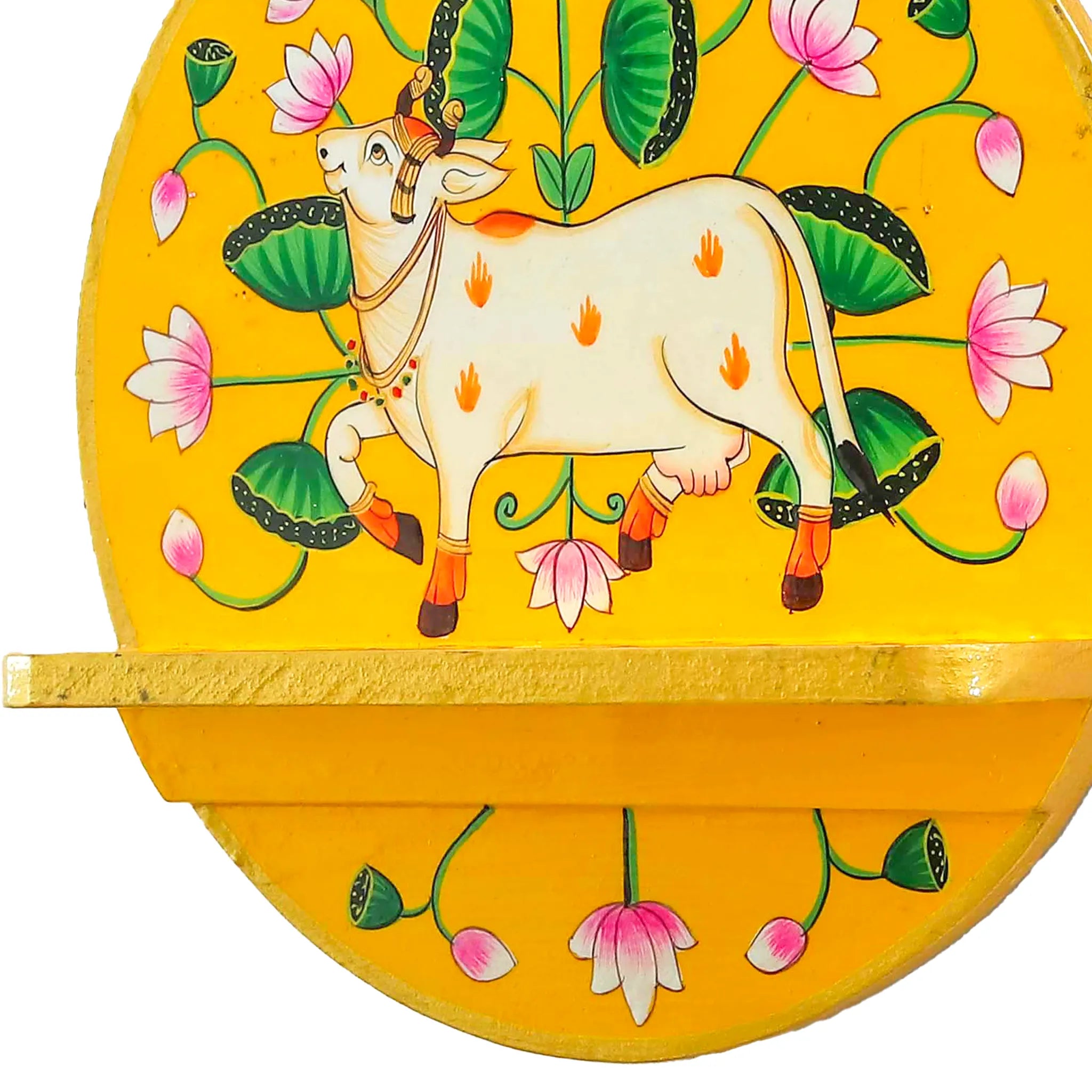 Vibrant Yellow Colored Cow And Lotus Pichwai Plate Shelf