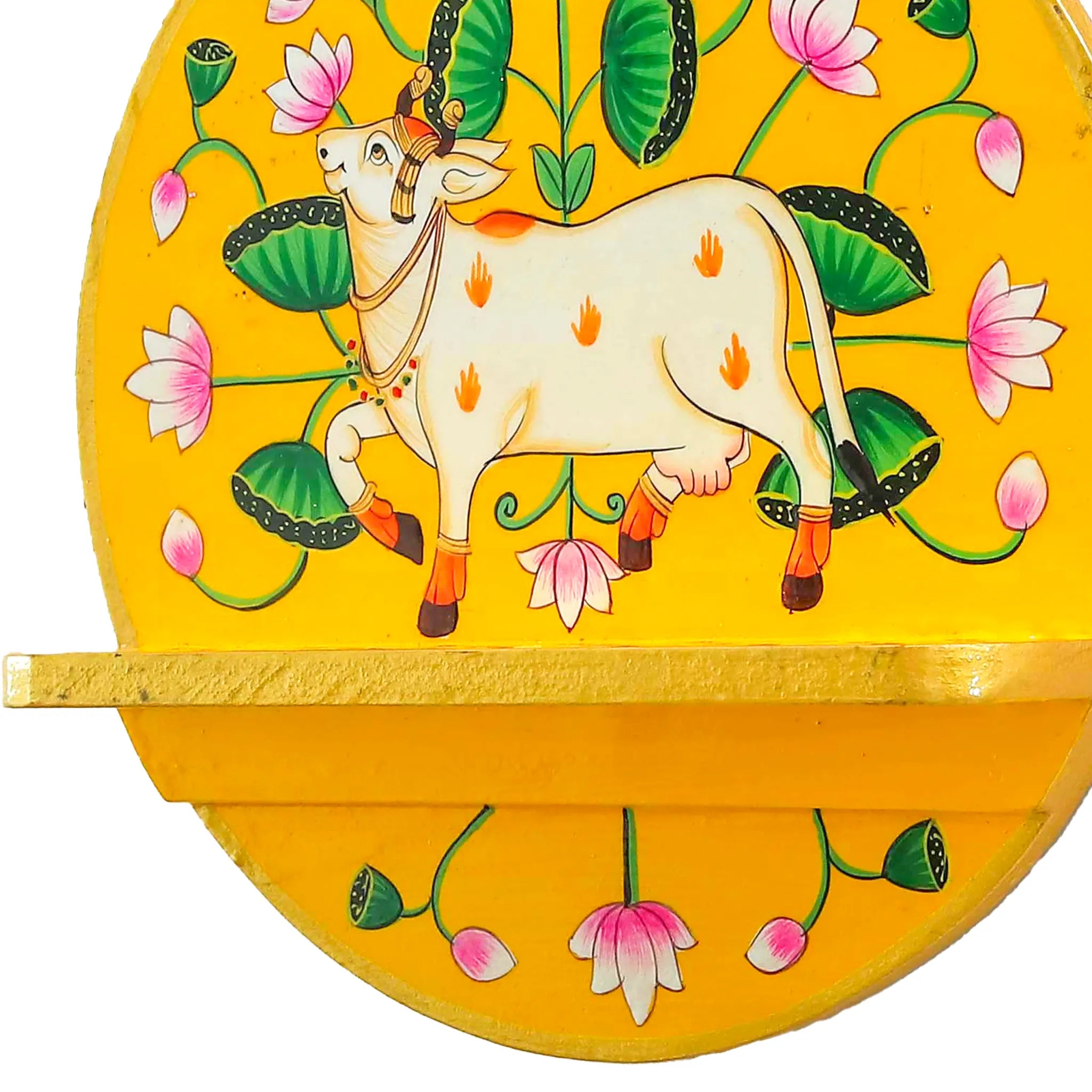 Vibrant Yellow Colored Cow And Lotus Pichwai Wall Shelf