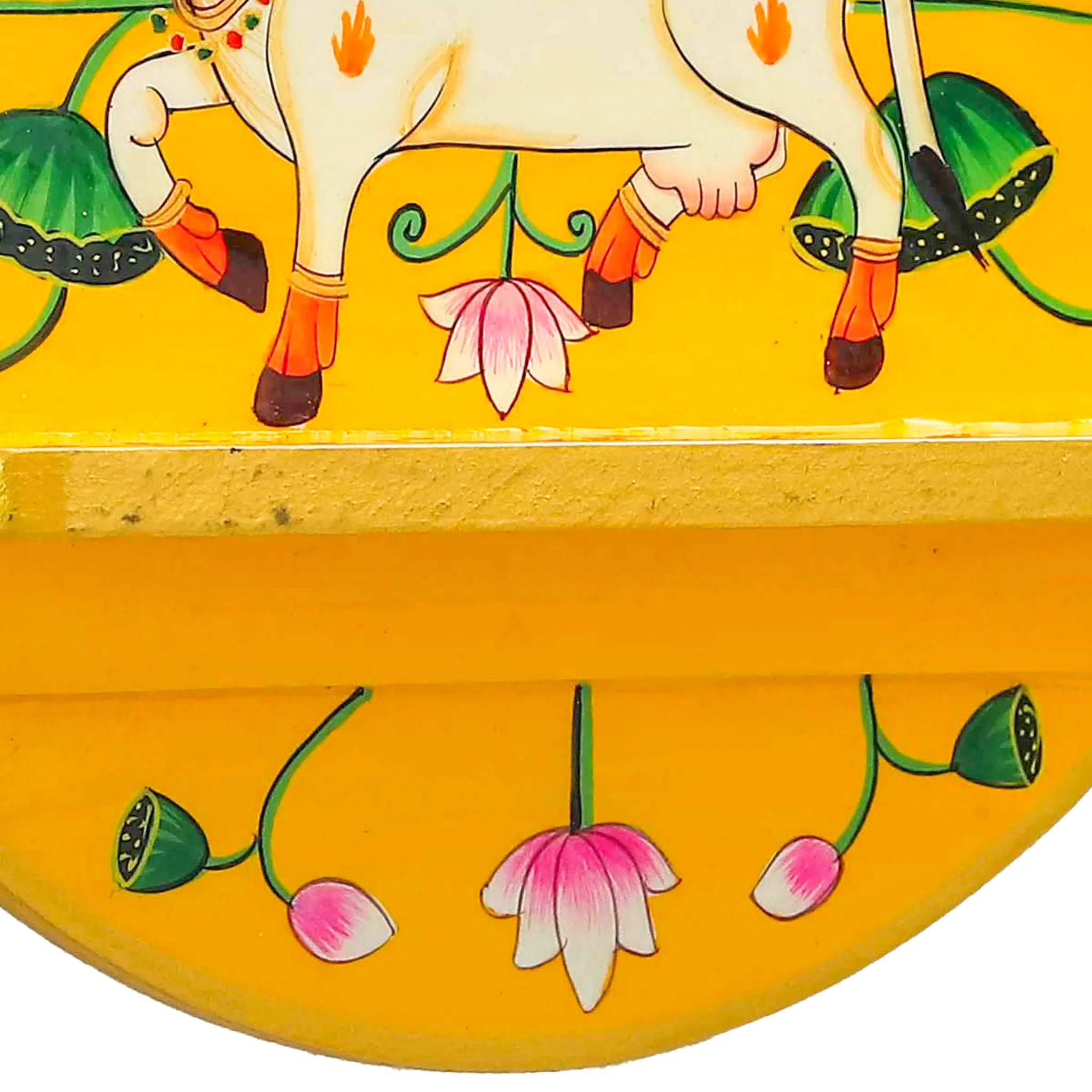 Vibrant Yellow Colored Cow And Lotus Pichwai Wall Shelf