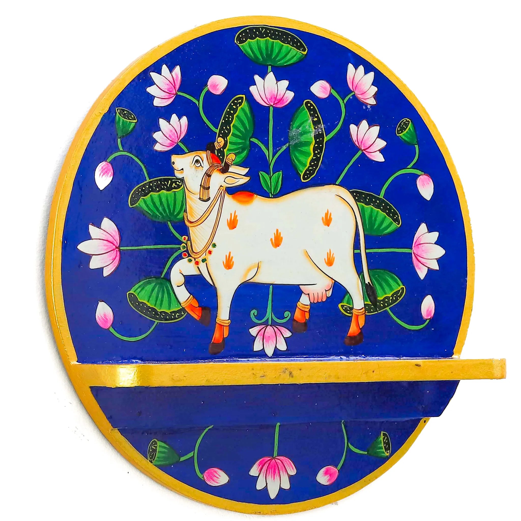 Hand Painted Blue Cow And Lotus Pichwai Wall Shelf