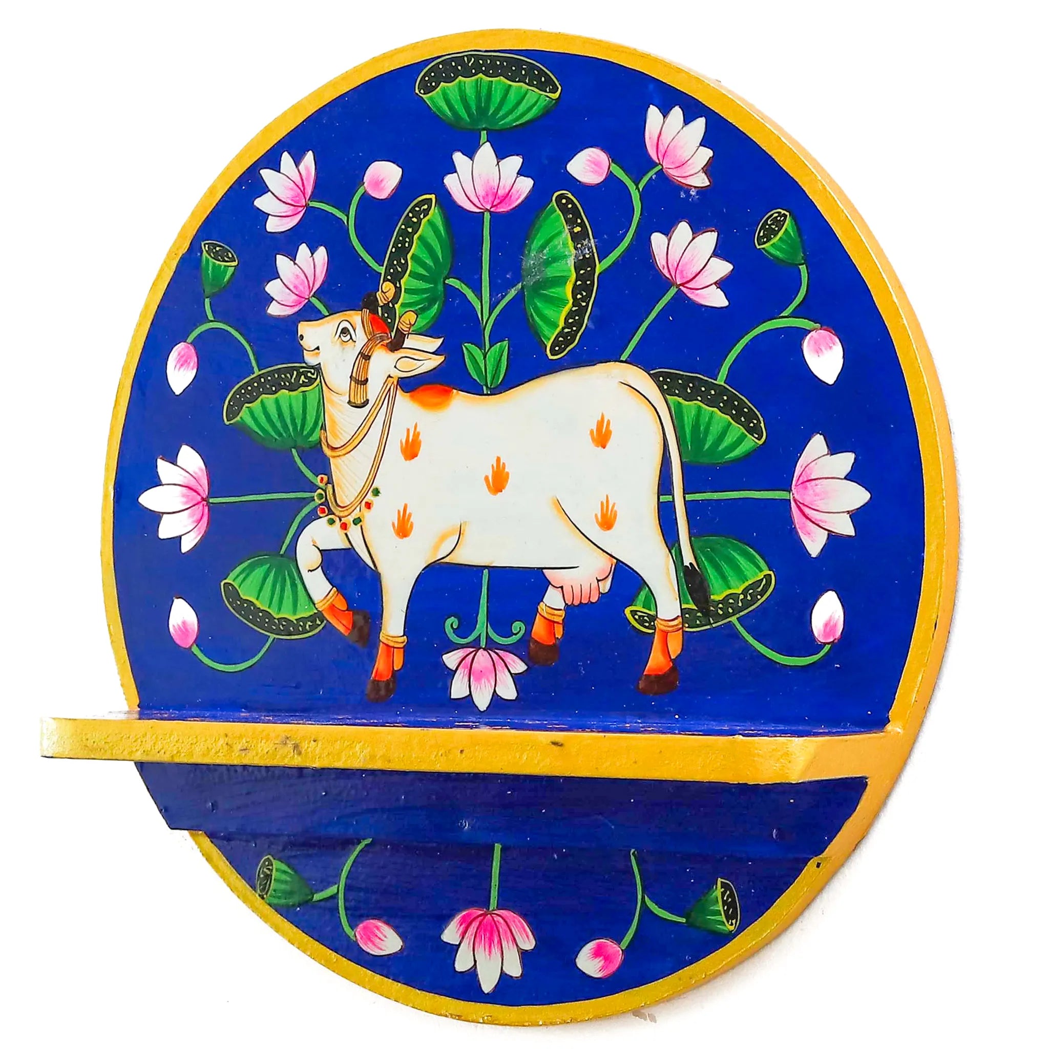 Hand Painted Blue Cow And Lotus Pichwai Wall Shelf