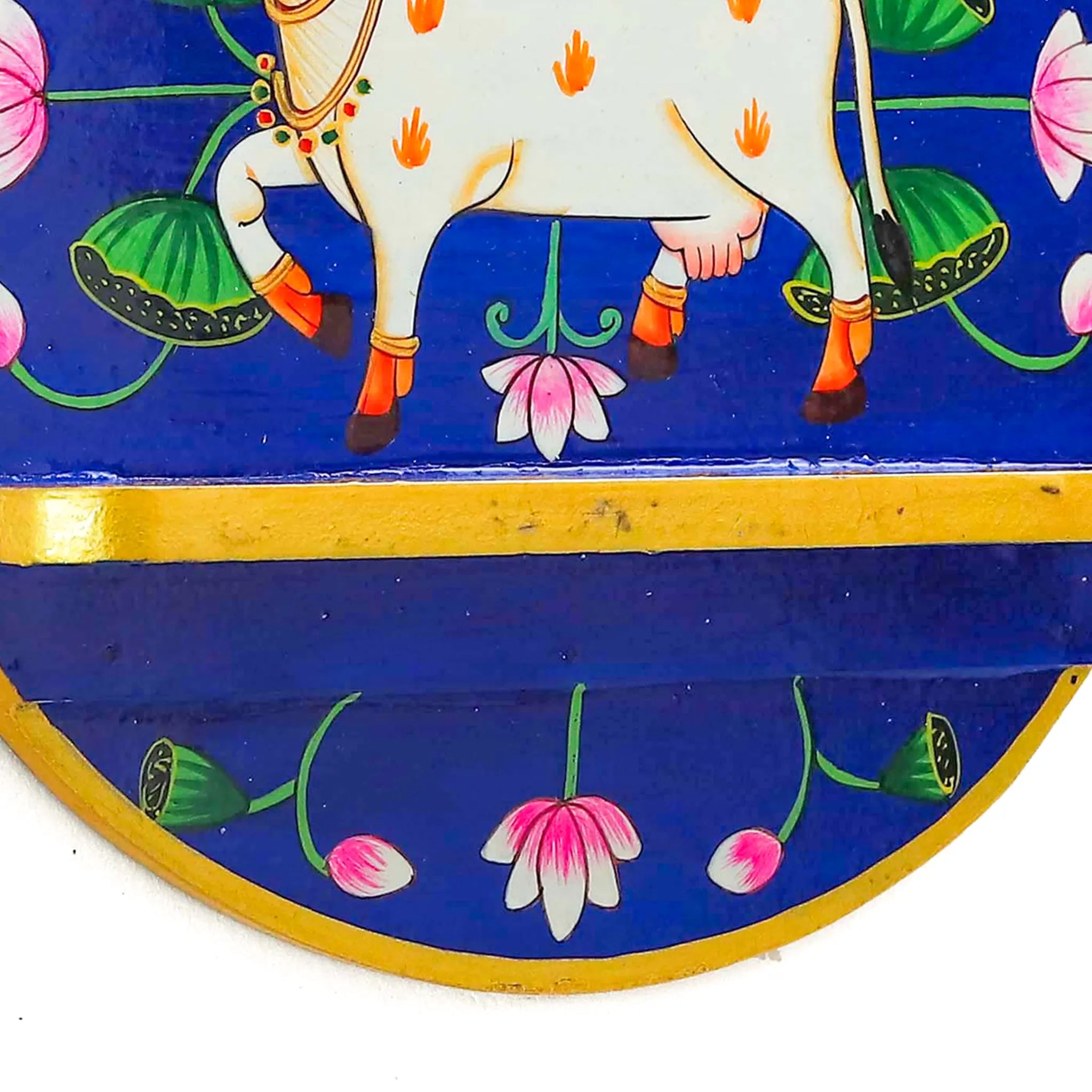 Hand Painted Blue Cow And Lotus Pichwai Wall Shelf