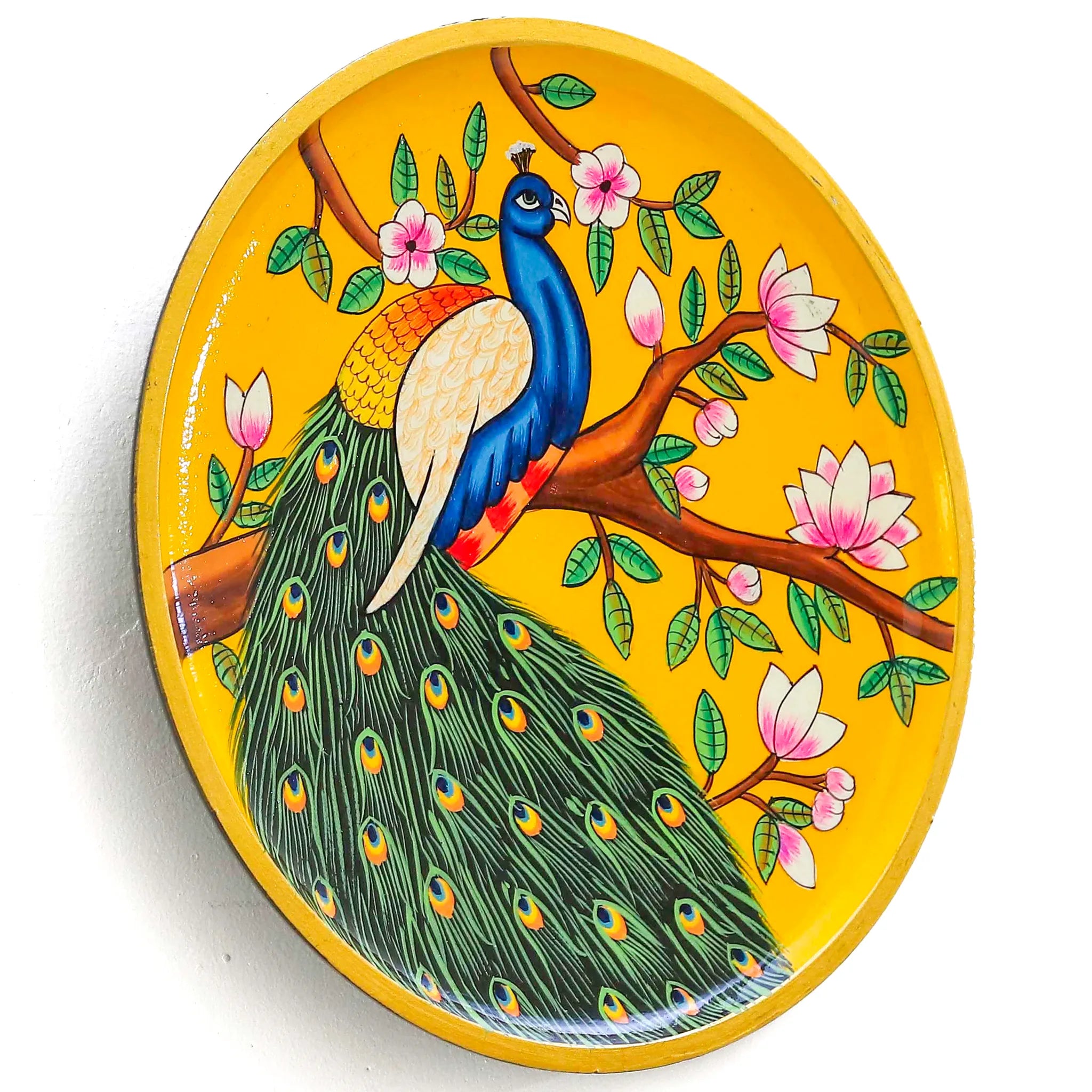 Vibrant Yellow Colored Peacock Pichwai Plate