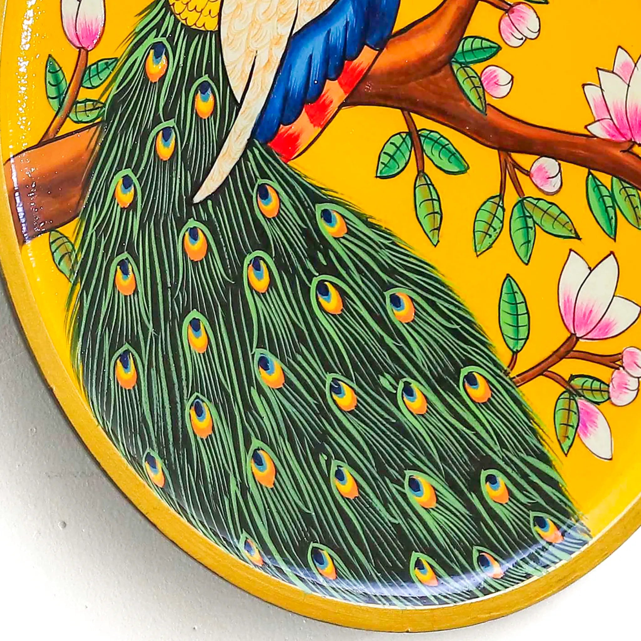 Vibrant Yellow Colored Peacock Pichwai Plate