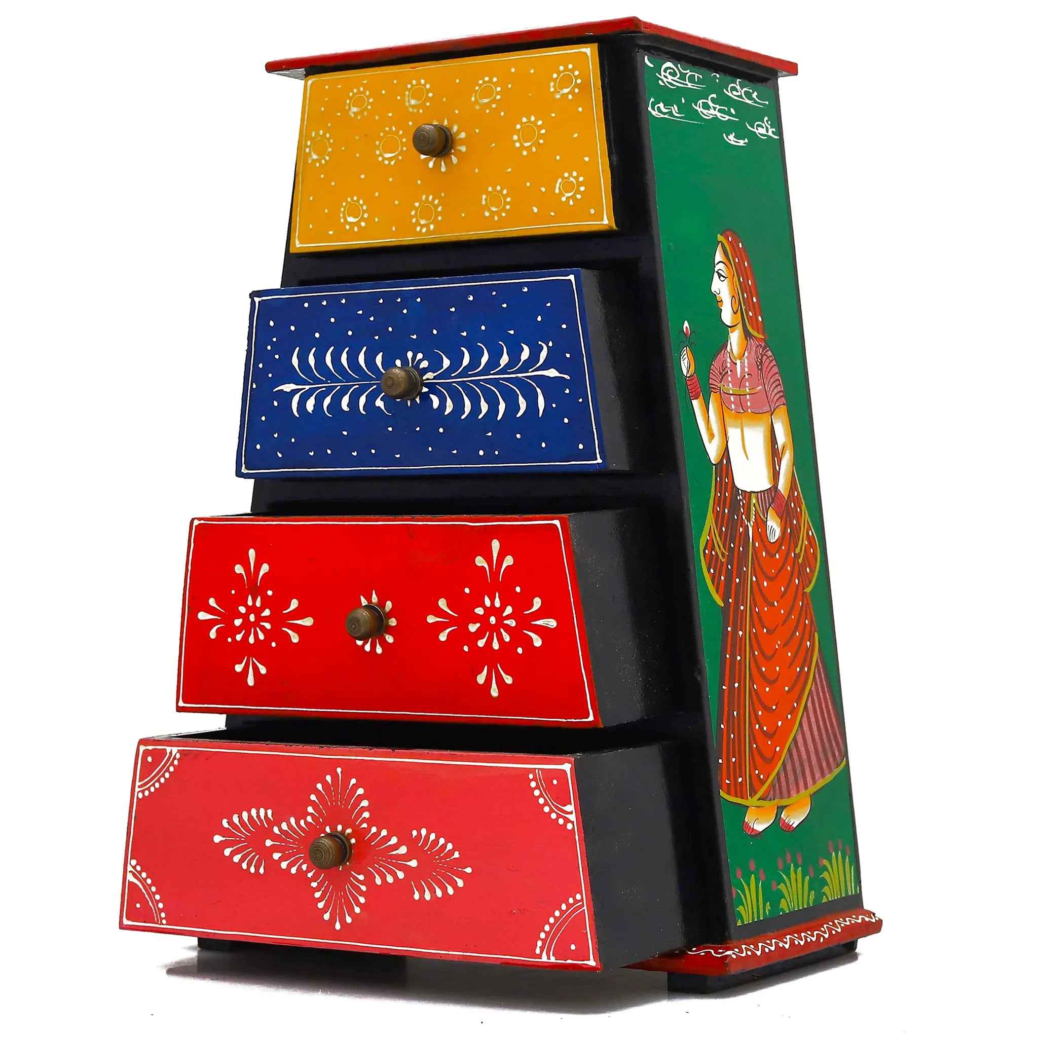 Vibrant Multi-Colored Wooden Chest Of Drawers Intricate Pichwai Art(4 Compartment)