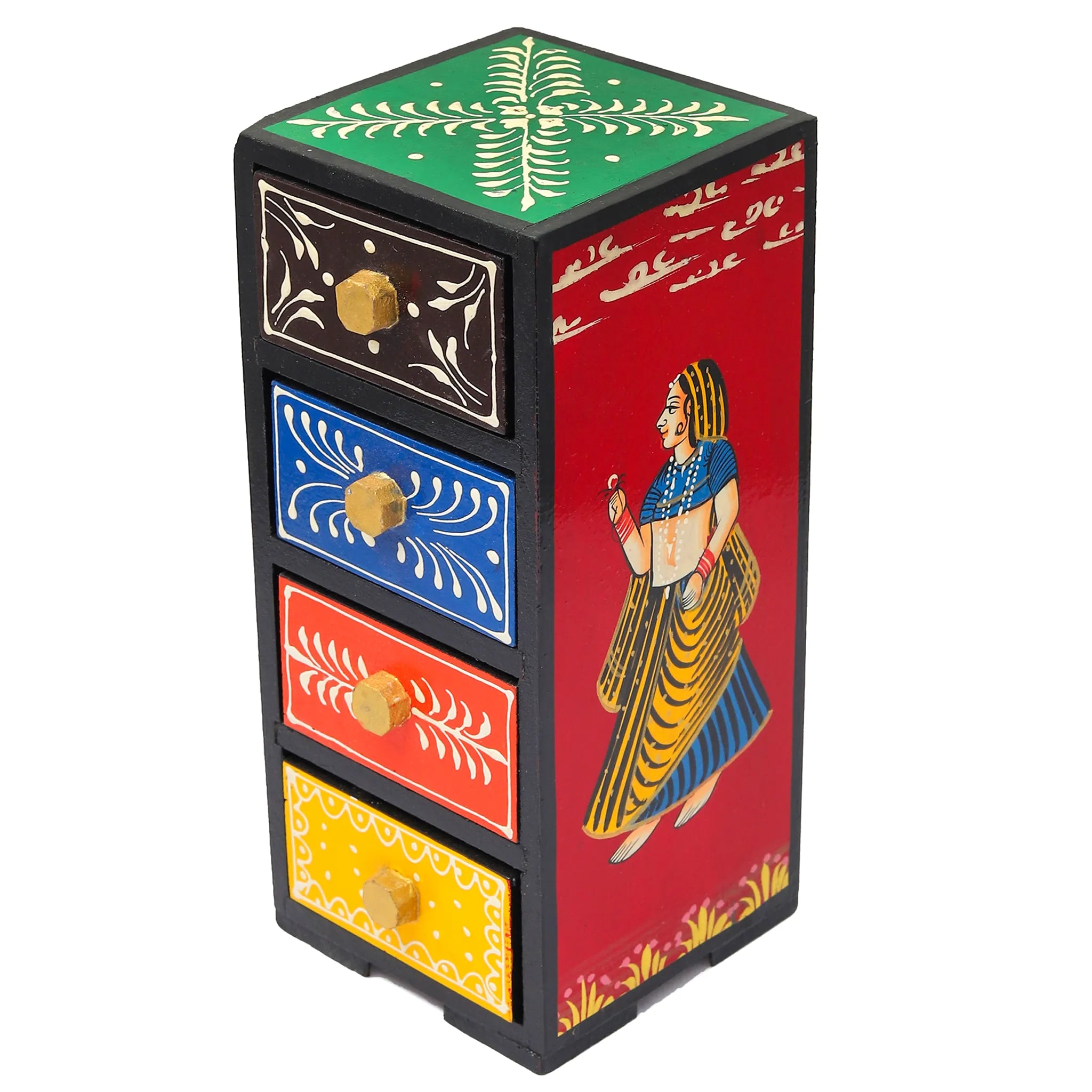 Vibrant Multi-Colored Wooden Chest Of Drawers Intricate Bani Thani Art(4 Compartment)