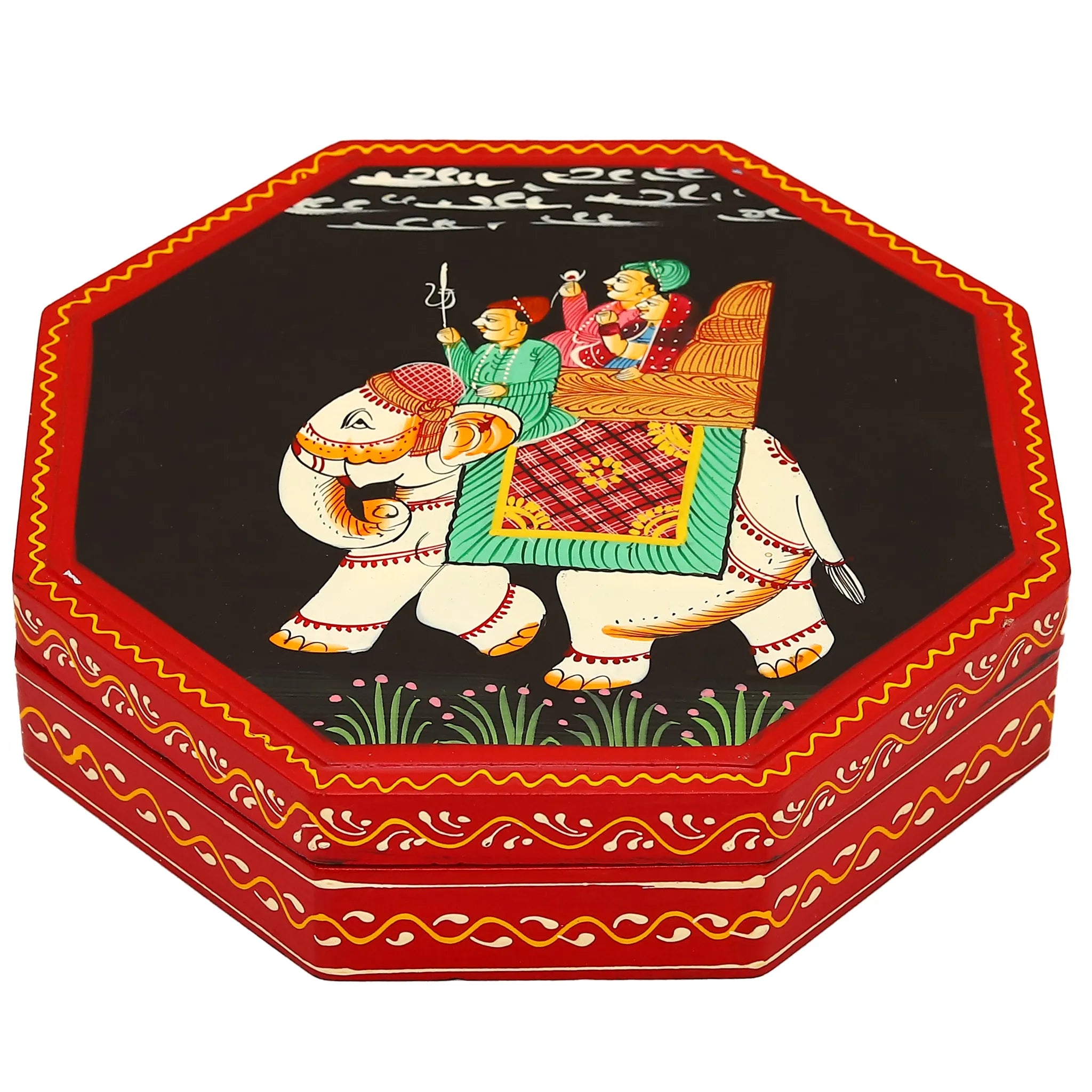 Hand Painted Exquisite Octagon Shaped Wooden Jewellery Box -Black