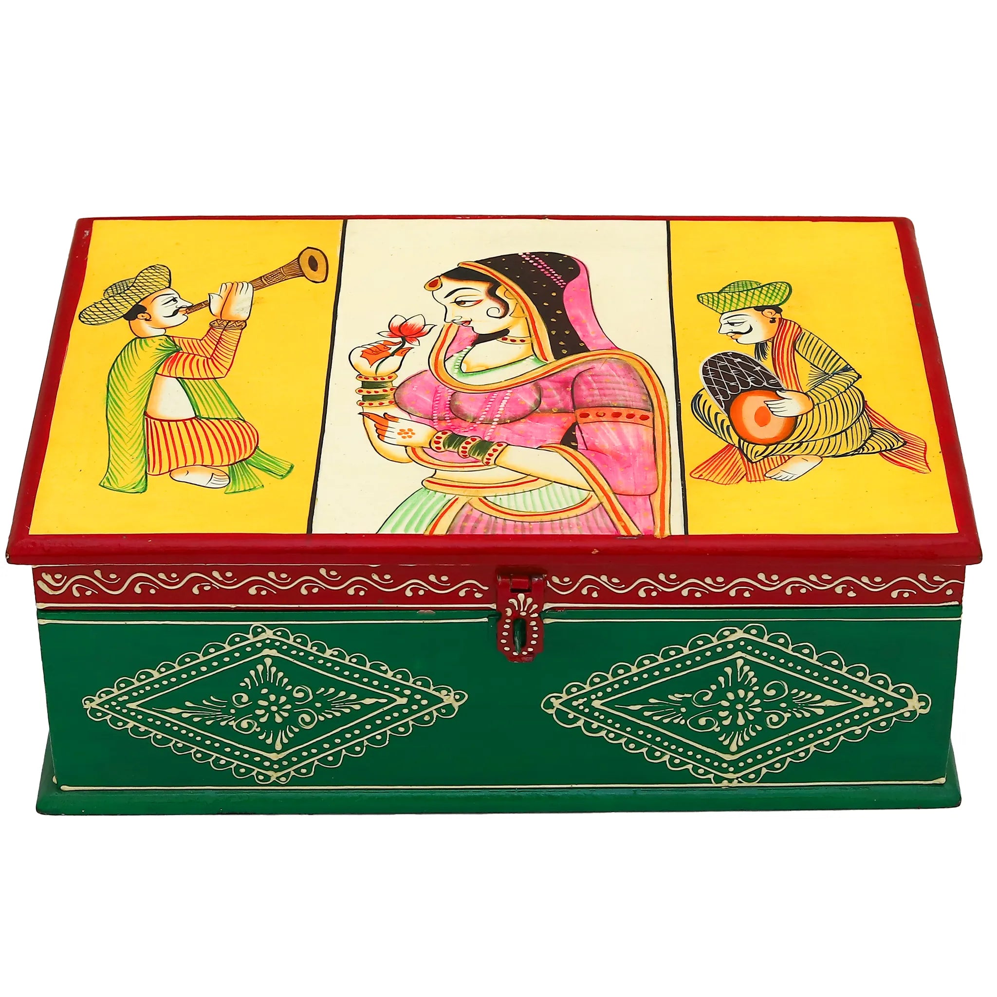 Hand Painted Exquisite Wooden Trunk Box With Pichwai Art with 3 Row Separator