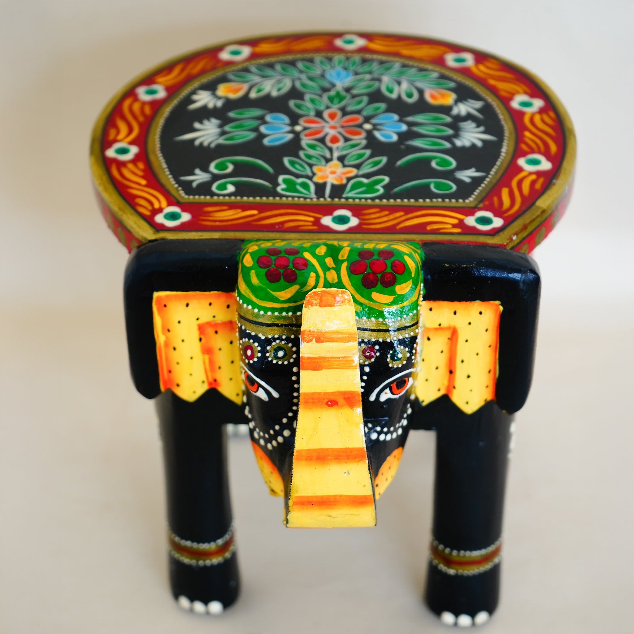 Hand-Crafted Colorful Painted Wooden Elephant Shape Black Stool for Stylish Decor