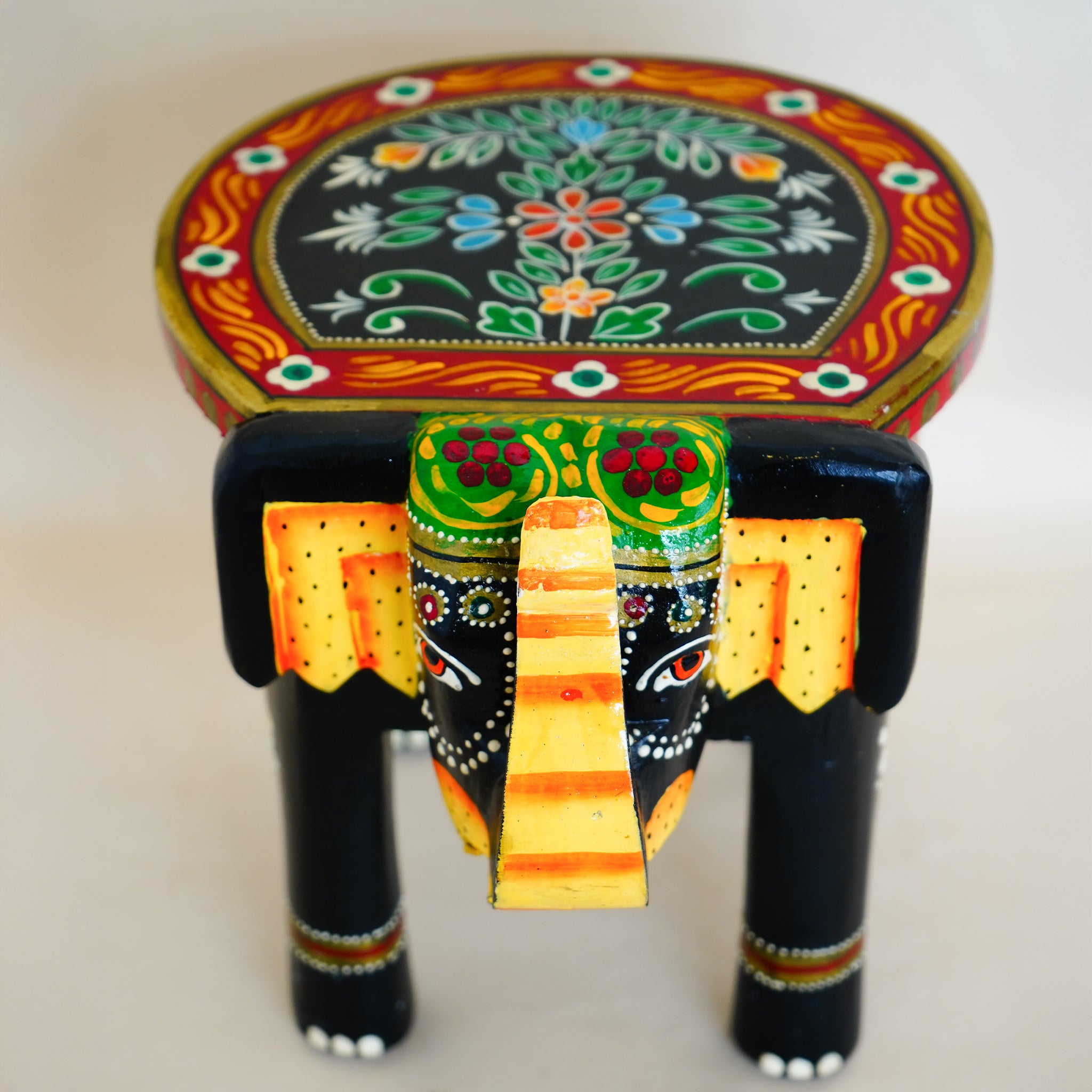 Hand-Painted Wooden Elephant Shape Black Stool