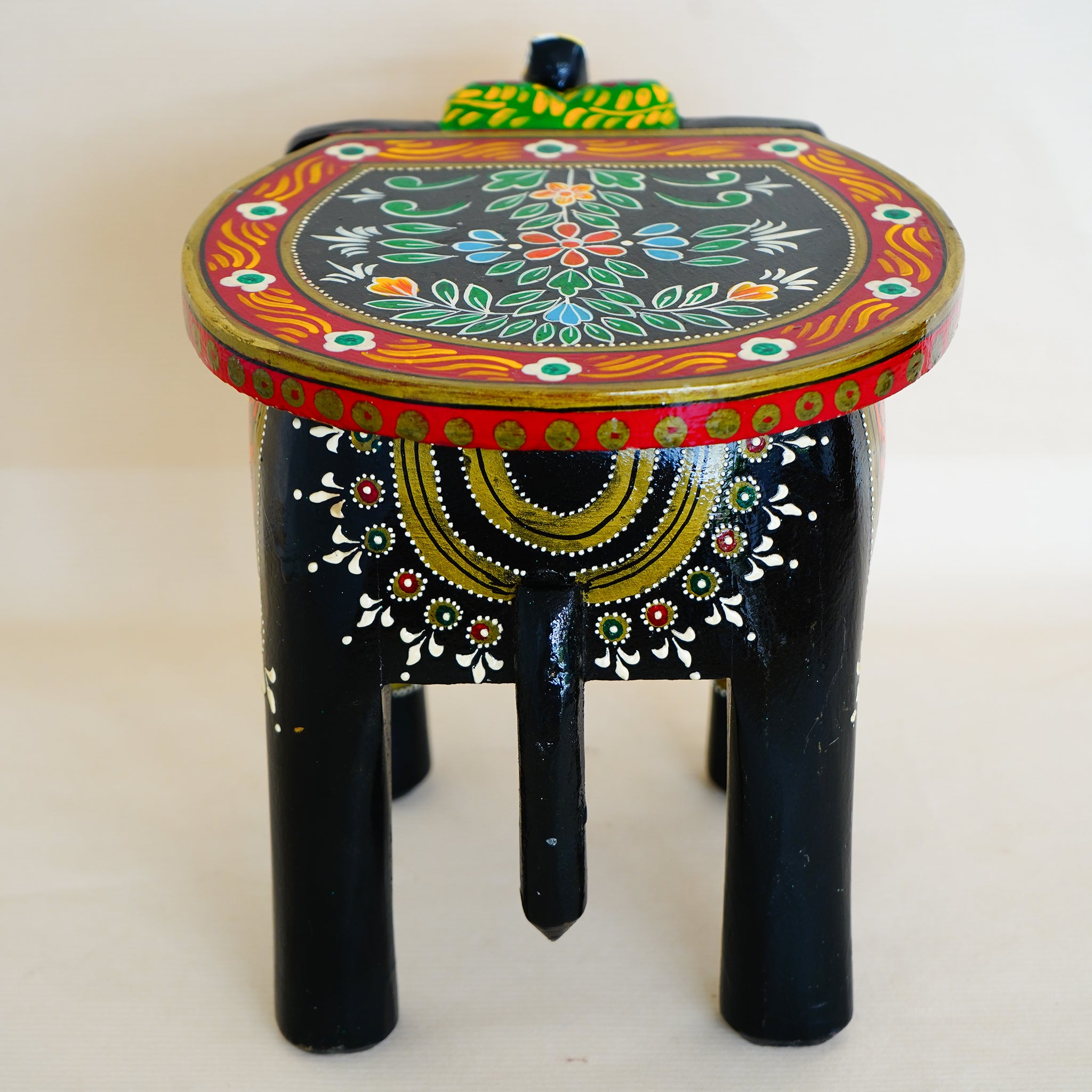 Hand-Crafted Colorful Painted Wooden Elephant Shape Black Stool for Stylish Decor