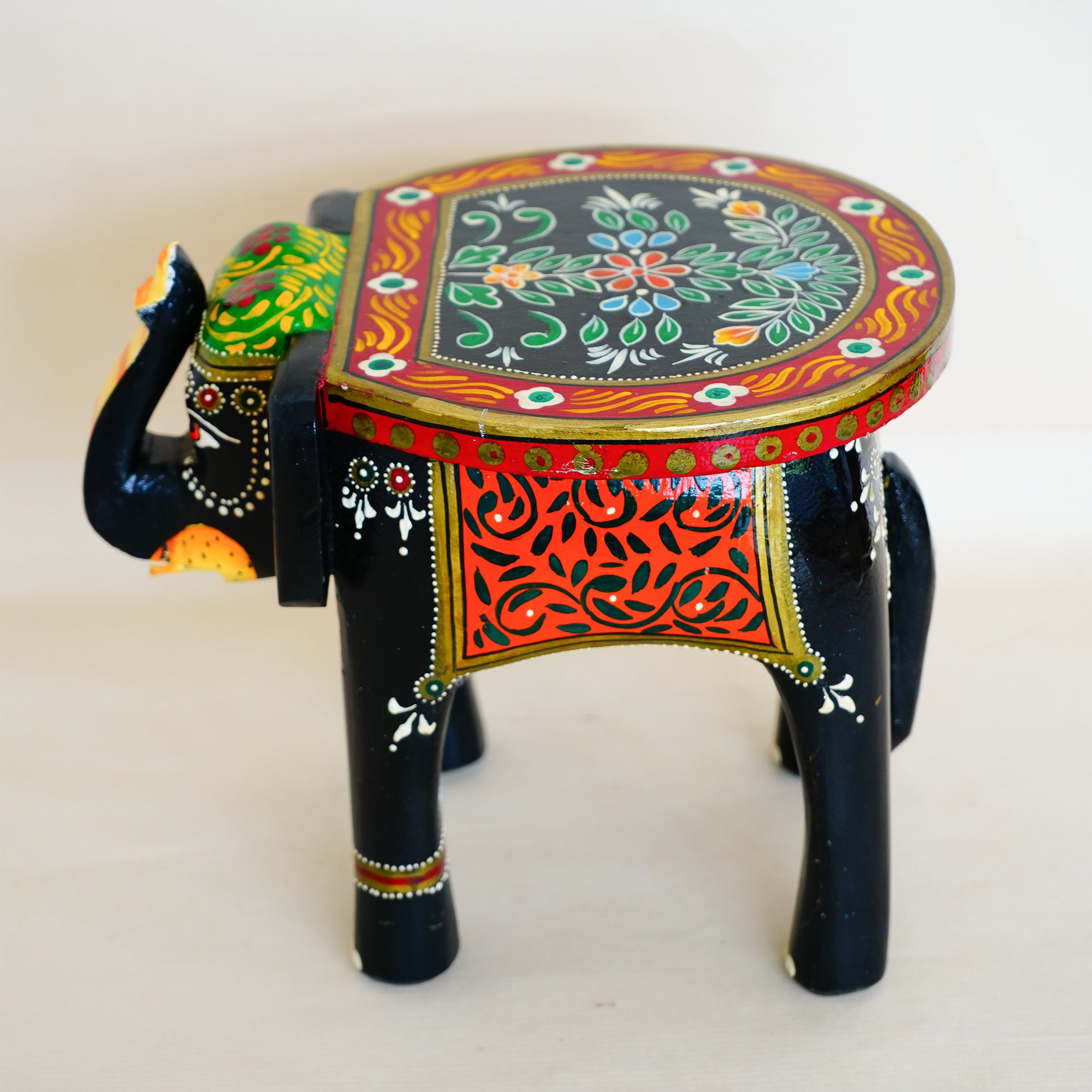 Hand-Crafted Colorful Painted Wooden Elephant Shape Black Stool for Stylish Decor