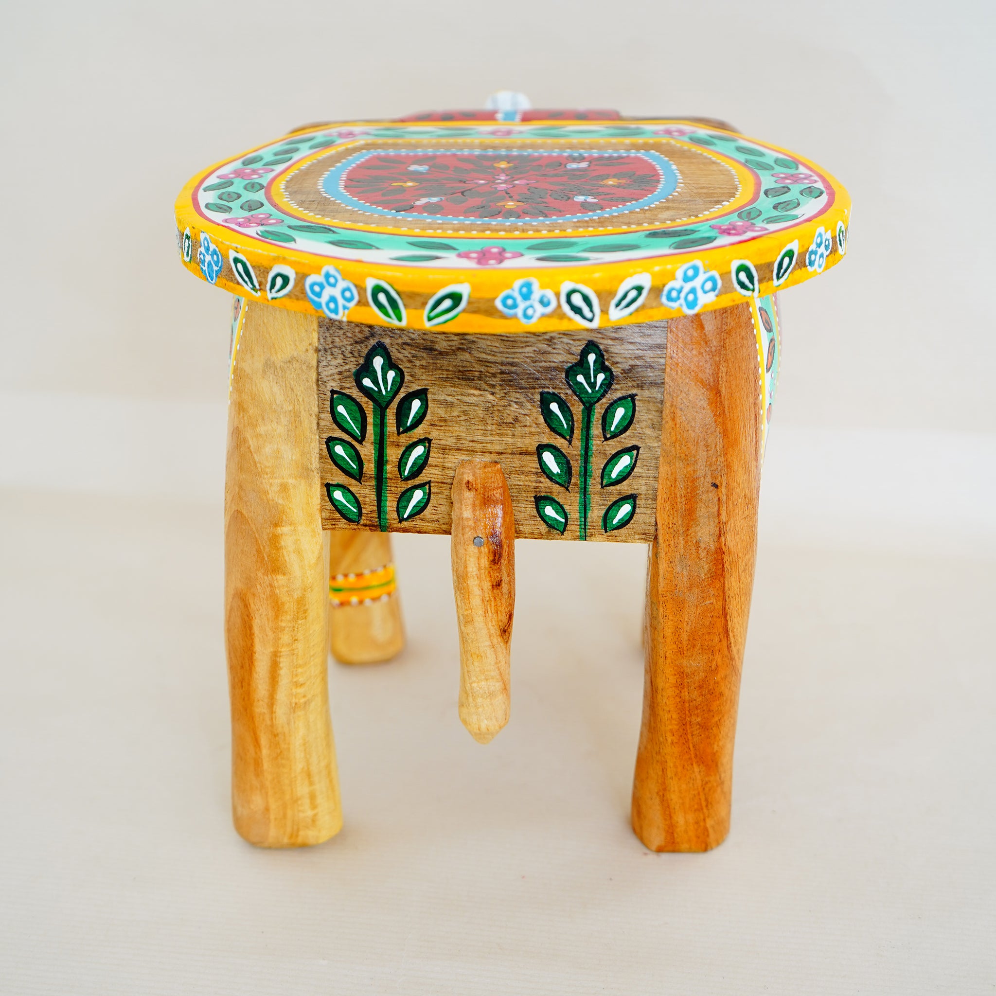 Hand-Crafted Colorful Painted Wooden Elephant Shape Yellow Stool for Stylish Decor