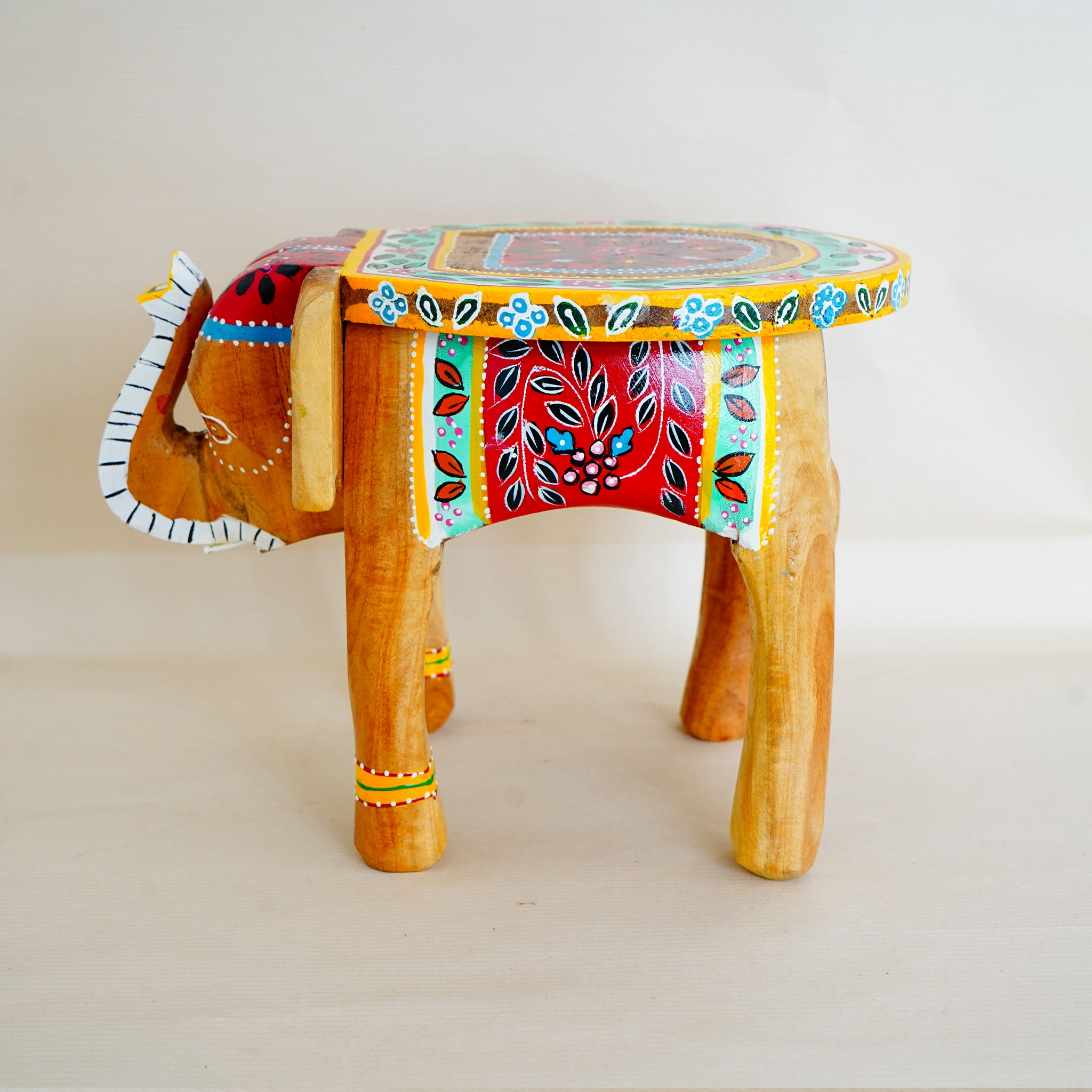 Hand-Crafted Colorful Painted Wooden Elephant Shape Yellow Stool for Stylish Decor