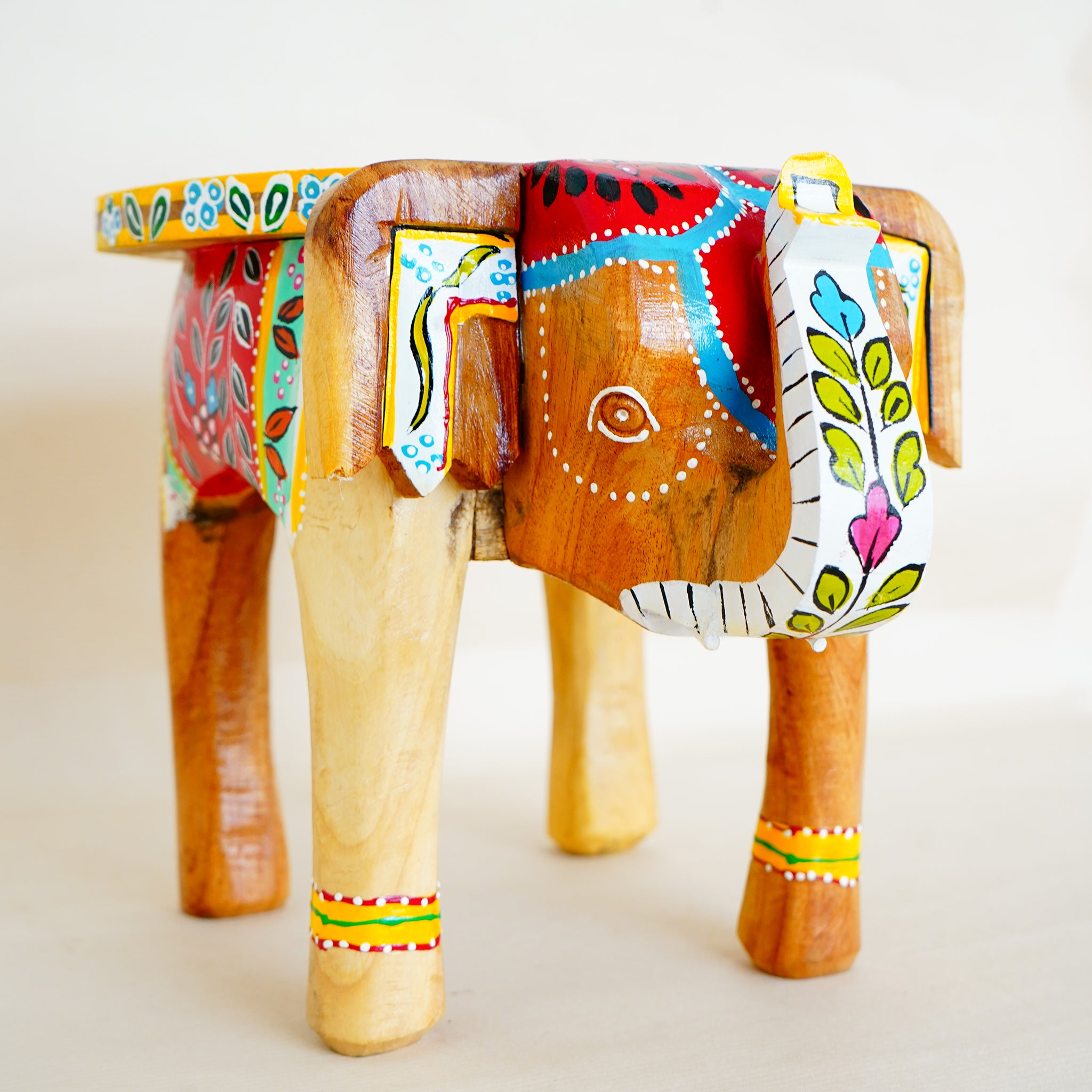 Hand-Crafted Colorful Painted Wooden Elephant Shape Yellow Stool for Stylish Decor