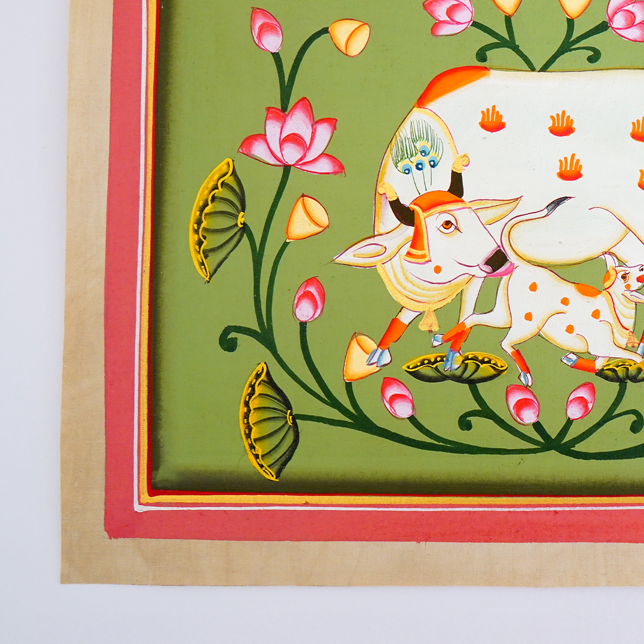 Hand Painted Pichwai Cow & Calf Painting - Lotus Jhal Motifs|Red