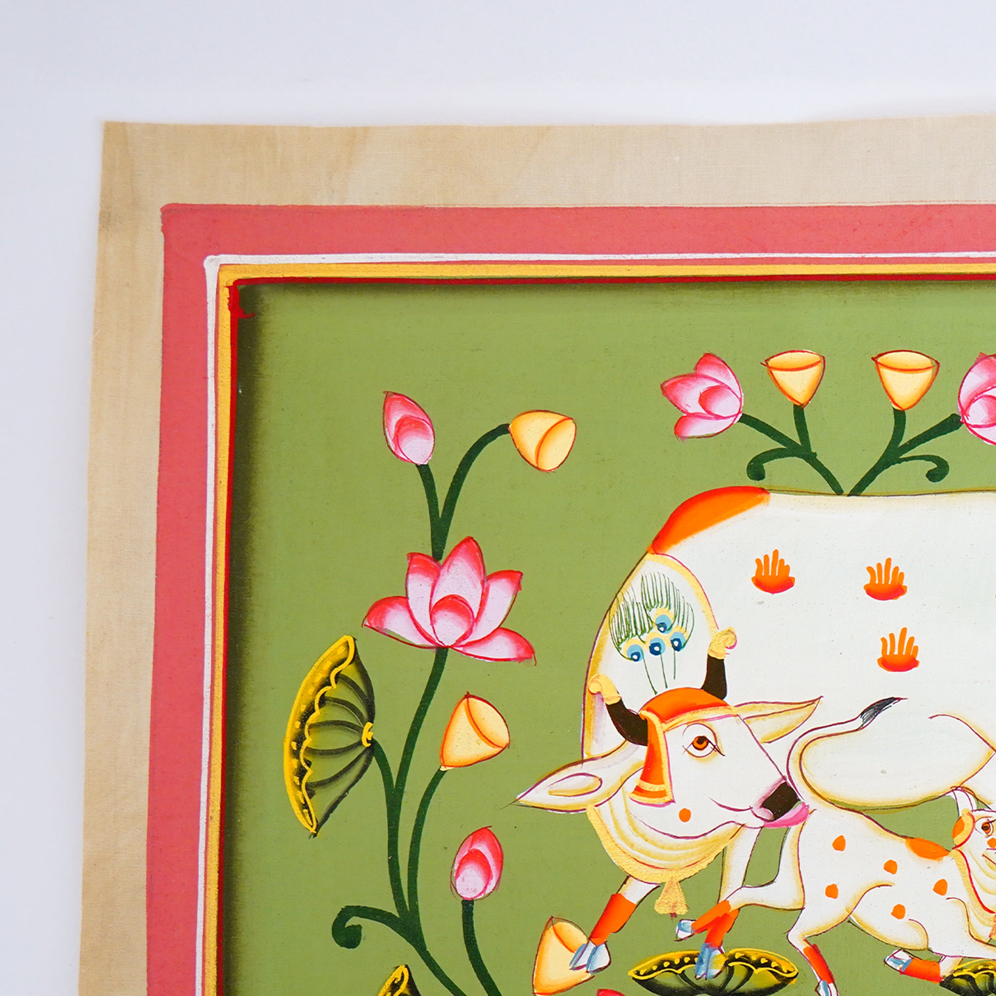 Hand Painted Pichwai Cow & Calf Painting - Lotus Jhal Motifs|Red